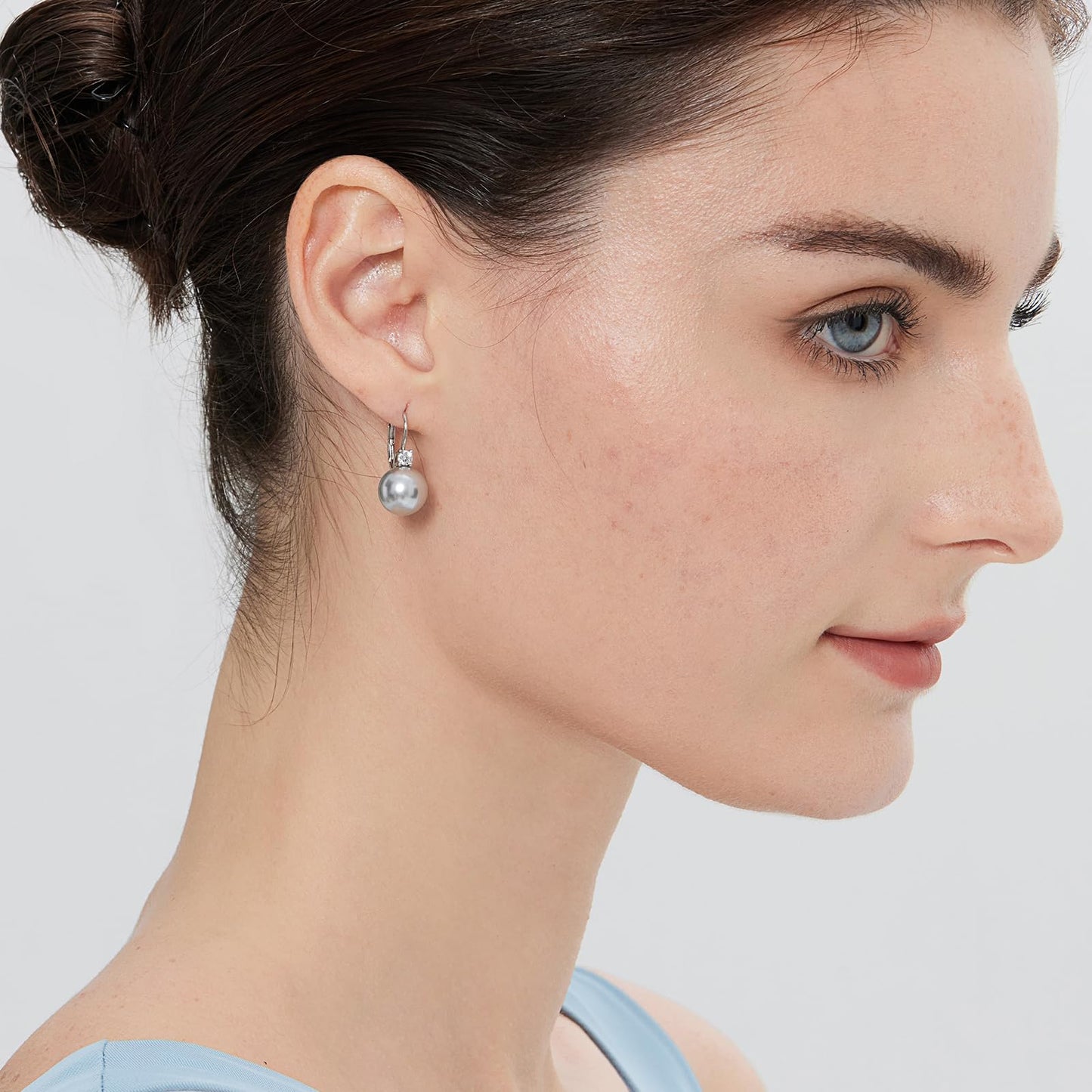 Jiahanzb Pearl Dangle Drop Earring for Women Cubic Zirconia CZ Pearl Leverback Earring Sterling Silver Gray Dangling Earrings 10mm Jewelry