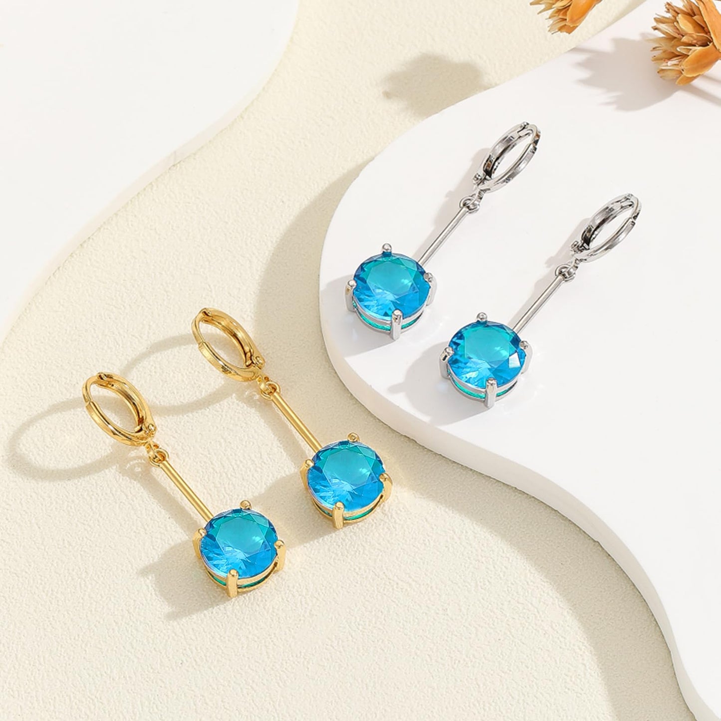 VONSSY Gemstone Drop Dangle Earrings | Platinum /Gold Plated Leverback Crystal Cubic Zirconia Hanging Red /Pink/Blue Earrings (Blue-Gold)