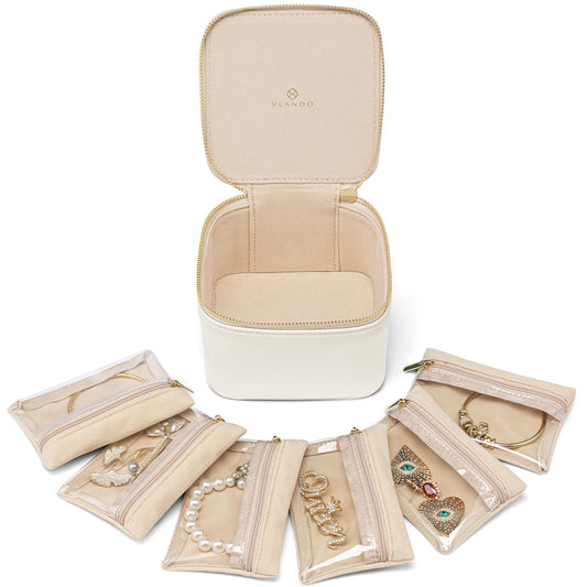 VLANDO Travel Jewelry Organizer Case with 6 Clear Velvet Zipper Pouches, Faux Leather Jewelry Storage Box for Rings, Earrings, Necklaces and Bracelets, Gift for Women