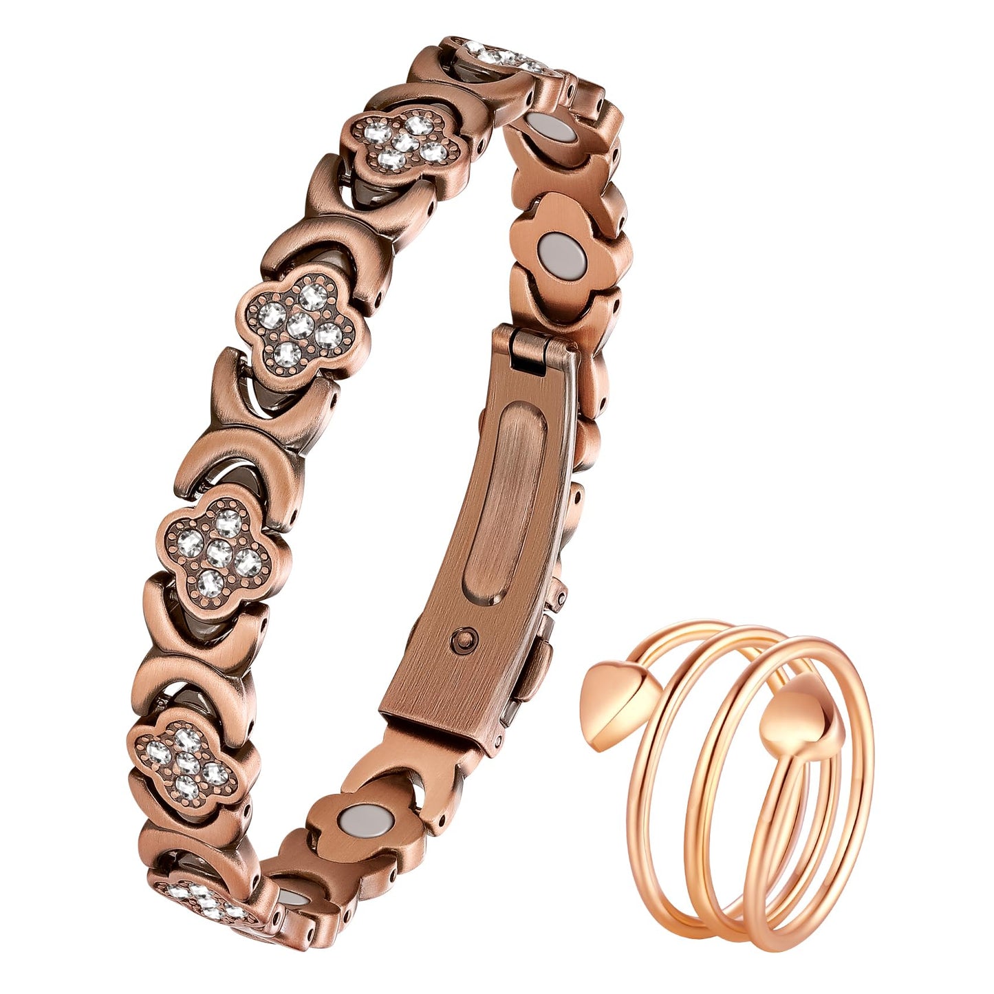 Jeracol 99% Pure Copper Bracelet, Copper Magnetic Bracelet & Ring for Women with Ultra Strength Neodymium Magnets, Clover Jewelry with Sparkling Cubic Zirconia