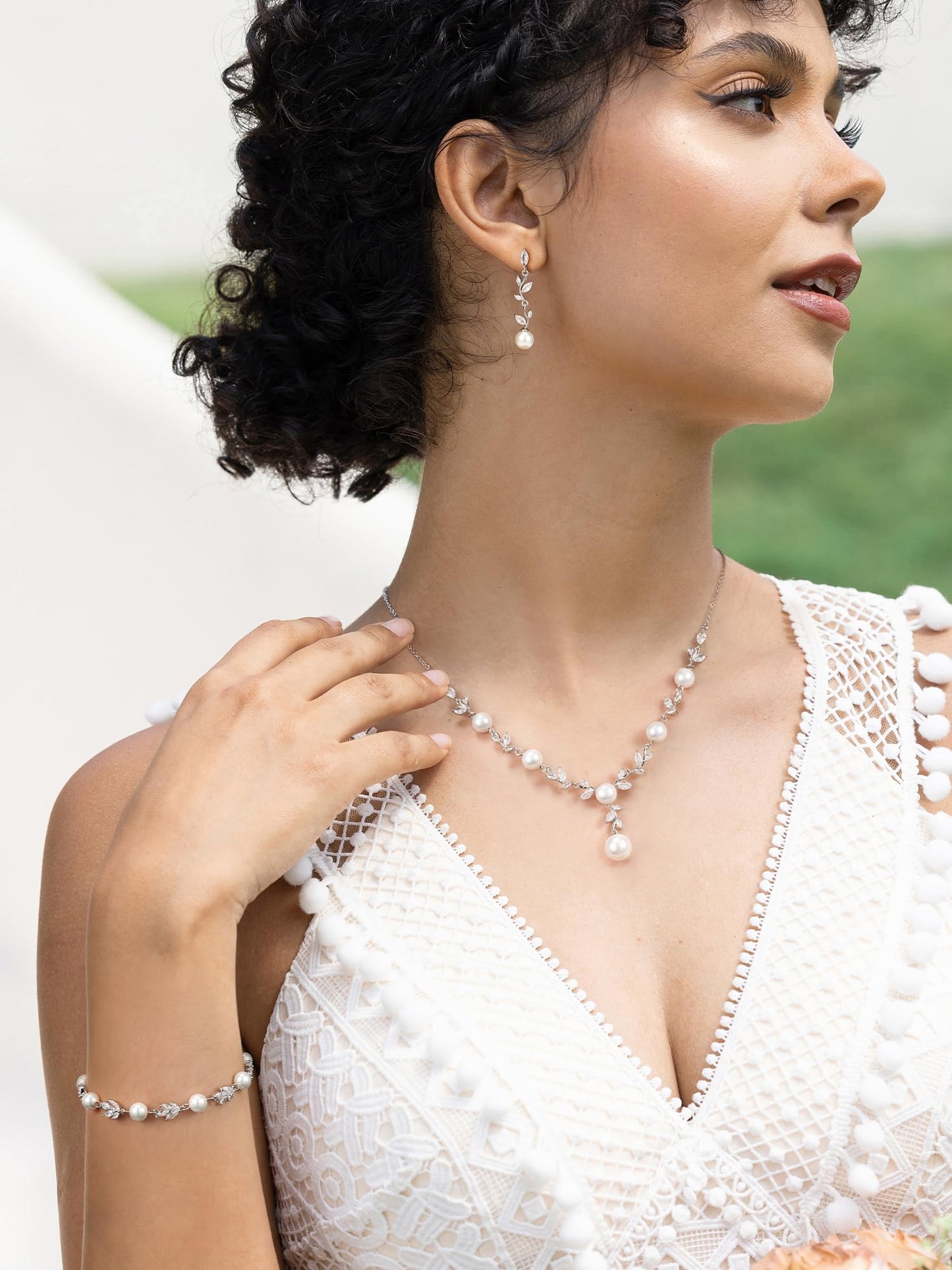 SWEETV Wedding Jewelry Set for Bride Women, Silver Cubic Zirconia Pearl Bridal Earrings Necklace Bracelet Set, Bridal Jewelry Set for Wedding Prom