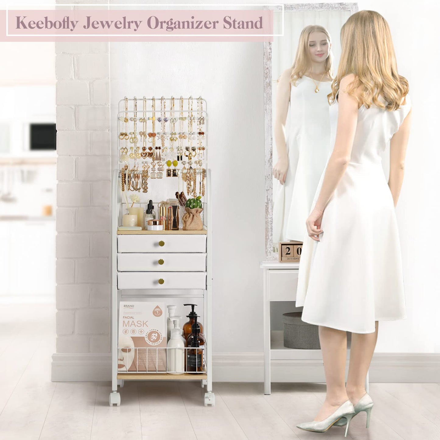 Keebofly Jewelry Organizer Stand with 3 Drawers, Large Necklace Holder & Earring Organizer Rack, Wooden Jewelry Tree Tower for Rings, Bracelets, Sunglasses and Skincare, Gift for Women, White