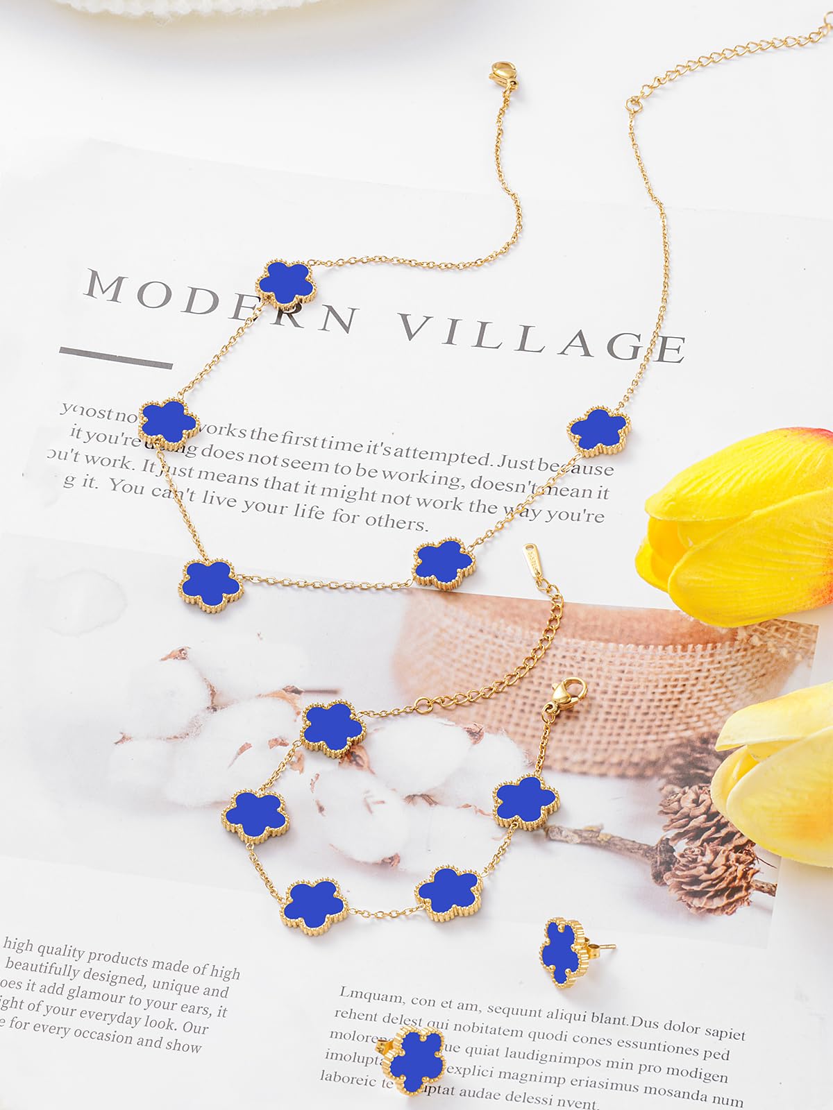 Qinpan Five Leaf Clover Necklace Bracelet and Stud Earrings Set for Women Lucky Flower Jewelry (Royal Blue-14K Gold Plated)