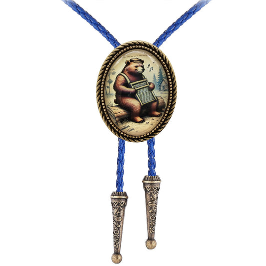 Jeilwiy Bear Bolo Tie for Men Women Royal Blue Adjustable Leather Cord Western Necktie Animal Bolo Tie Vintage 3D Cowboy String Tie Music Lover Accessory
