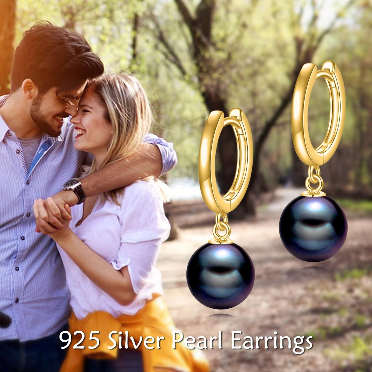 925 Sterling Silver Black Pearl Hoop Earrings Dangle Drop Jewelry Gifts for Women (Black Pearl-Gold)