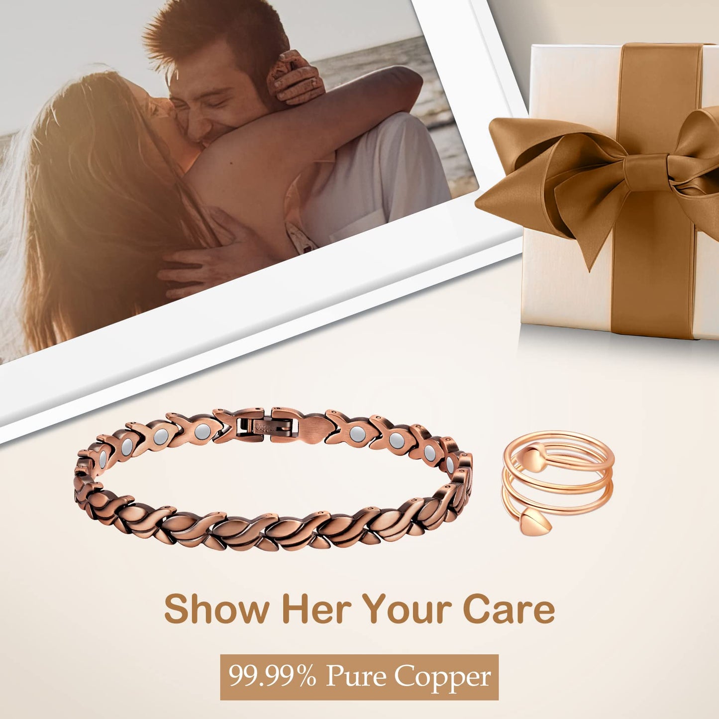 Feraco Copper Bracelets & Rings for Women, Ultra Strength Magnetic Bracelet with 3500 Gauss Neodymium Magnets, 99.99% Pure Copper Adjustable Jewelry Gift (Fishtail with Ring)