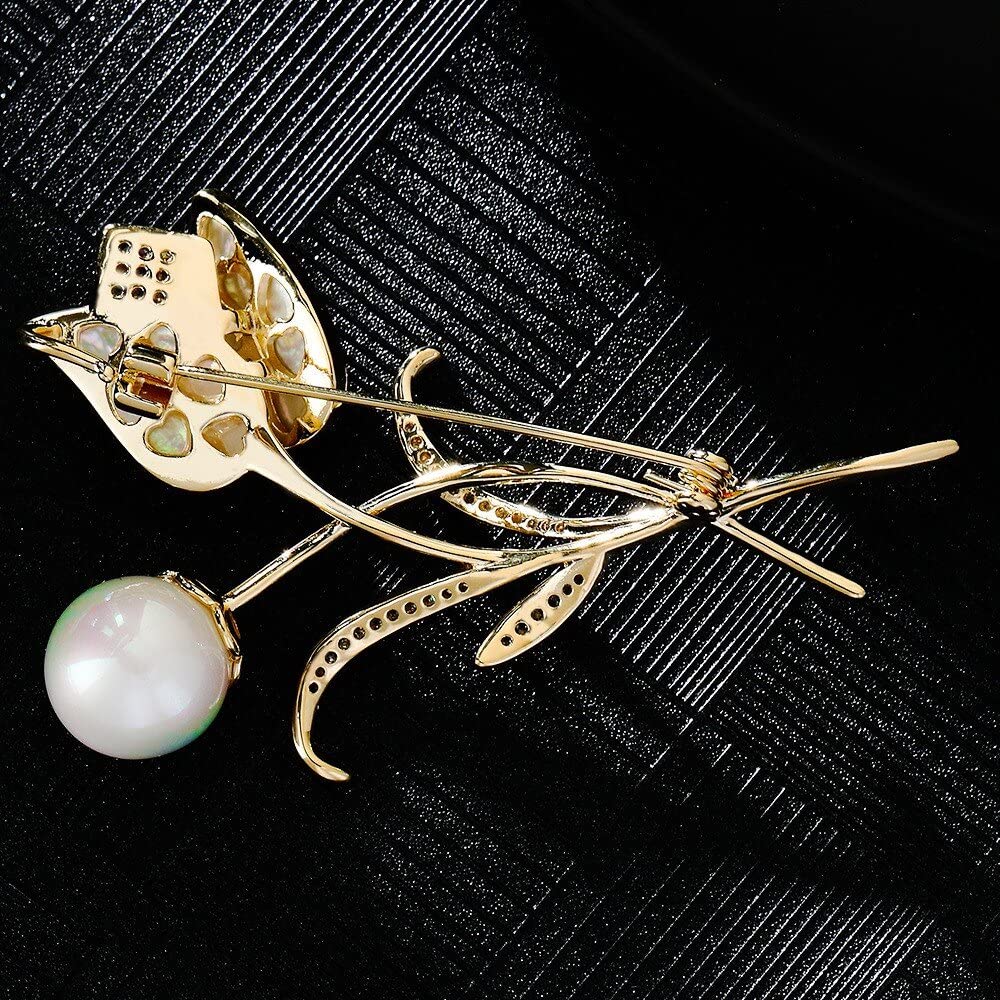 EMEGCY White Tulip Brooch for Women Gold Tulip Brooches Pins White Rhinestone Flower Lapel Pin Dress Accessories 18k Gold Plated Jewelry for Wife Mom