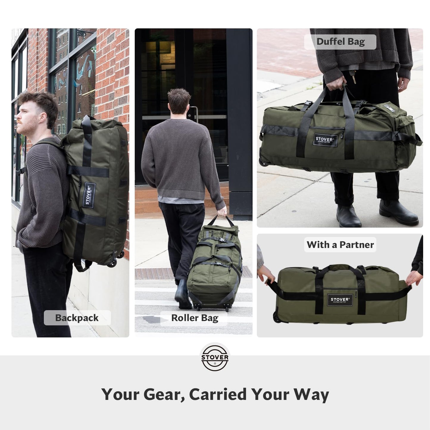 STOVER 45/80/100L Rolling Duffel Bag with Wheels, Large Durable Travel Duffle + Toiletry Bag, Heavy Duty, Packable, Foldable with Shoulder Straps- Use as Luggage or Backpack, Men/Women (Green)