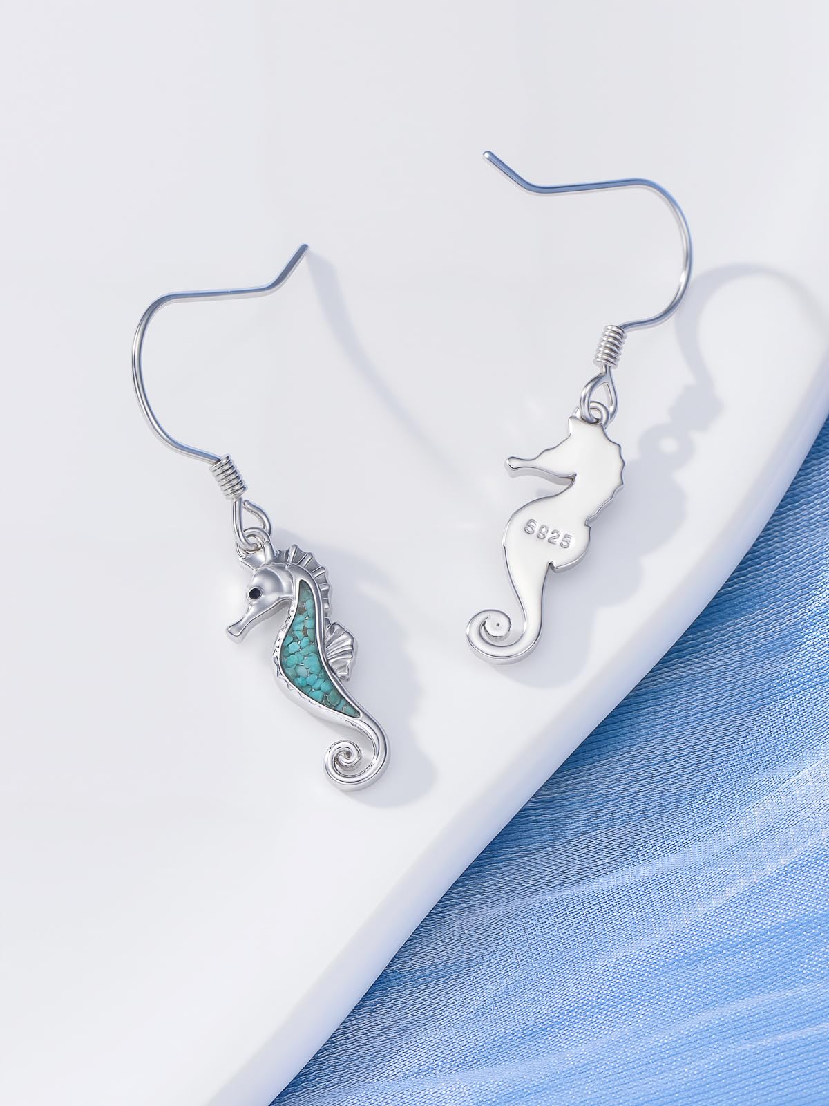 HPQQ Seahorse Earrings 925 Sterling Silver Turquoise Seahorse Dangle Earrings Ocean Beach Themed Jewelry Mother's Day Jewelry Gifts for Women