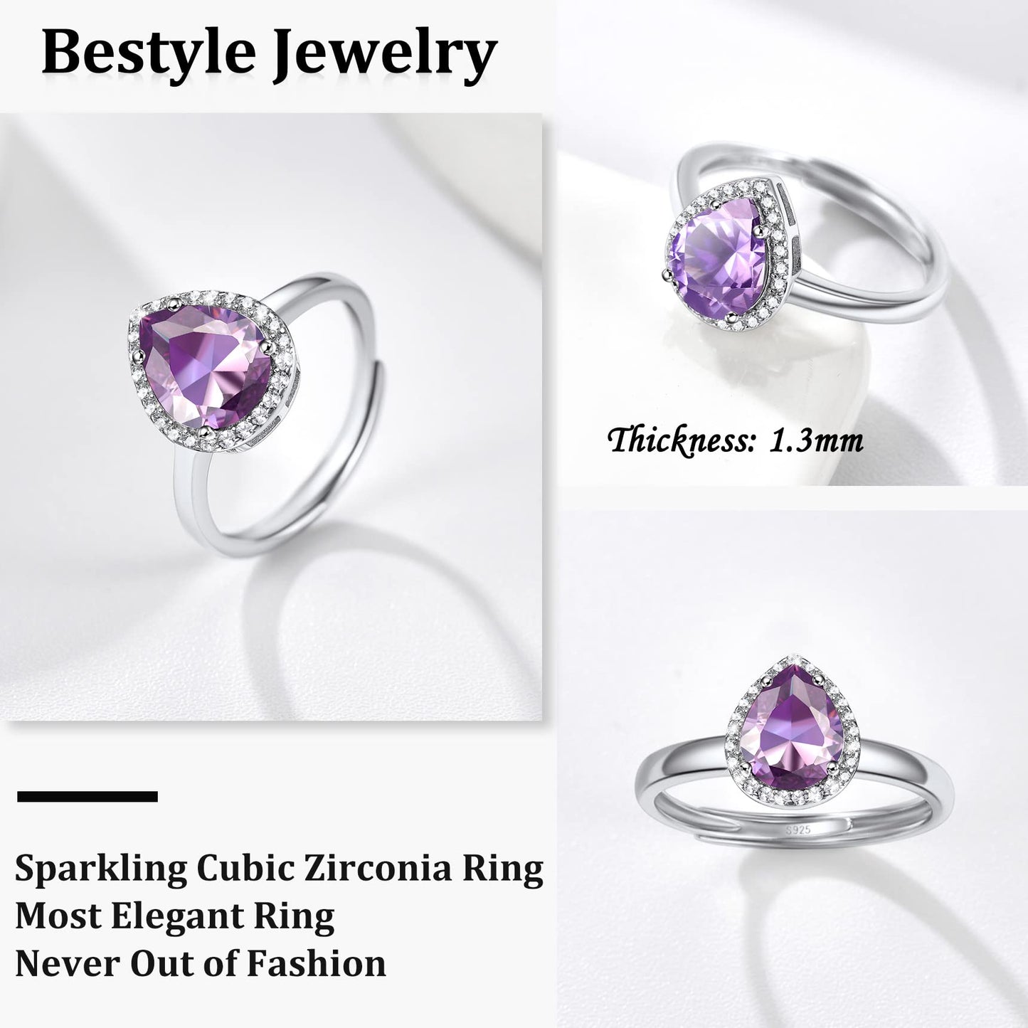 Bestyle Flattering June Alexandrite Teardrop Crystal Rings Halo Cubic Zirconia Rings for Women Dainty 925 Sterling Silver Hypoallergenic Adjustable Rings, Size #6-#12