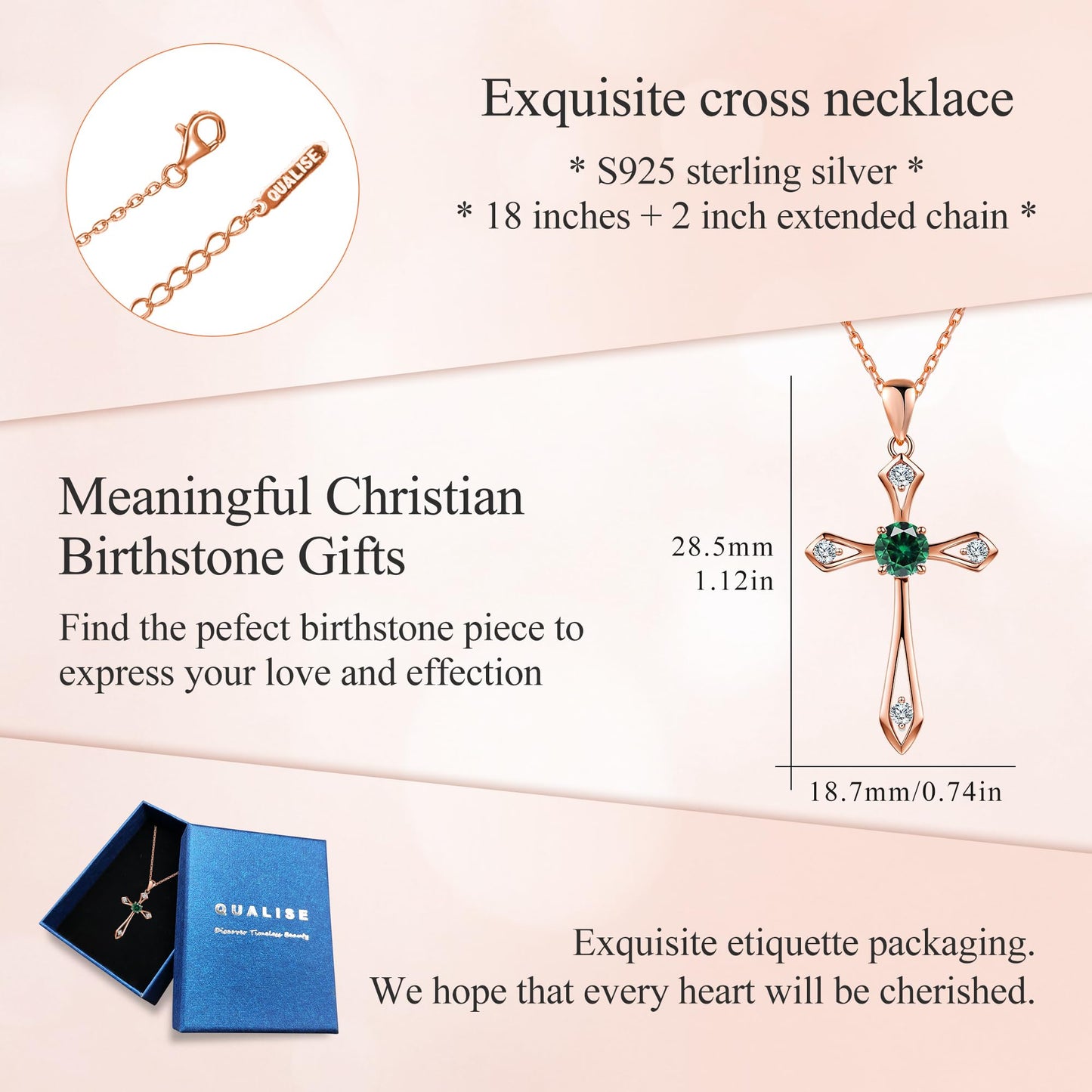 QUALISE Cross Necklace for Women,925 Sterling Silver Birthstone Necklace,Emerald-May Birthstone Cross Necklace, Faith Religious Fine Jewelry Valentines Day Gifts Birthday Holiday Gifts for Her