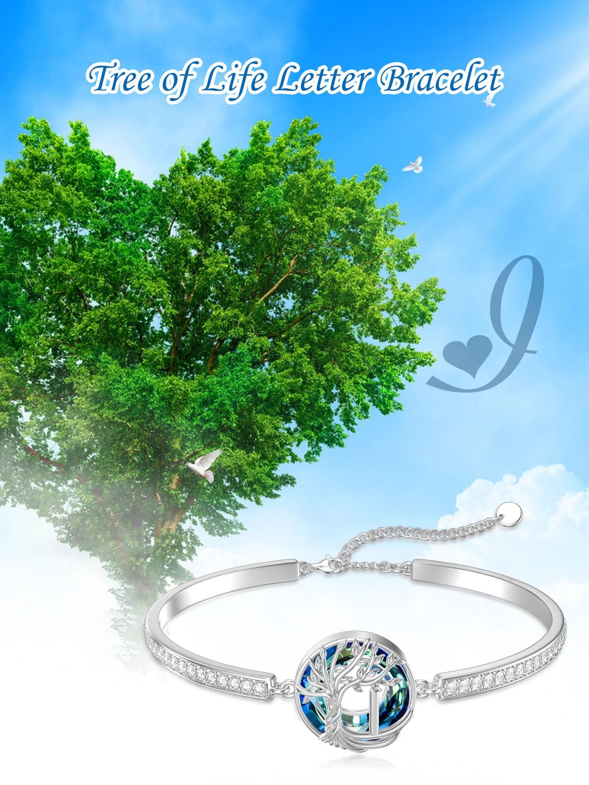 TOUPOP Tree of Life Bracelet Sterling Silver Initial I Letter Bangle Bracelet Family Tree Blue Crystal Jewelry Mothers Day Birthday Gifts for Women Mom Wife