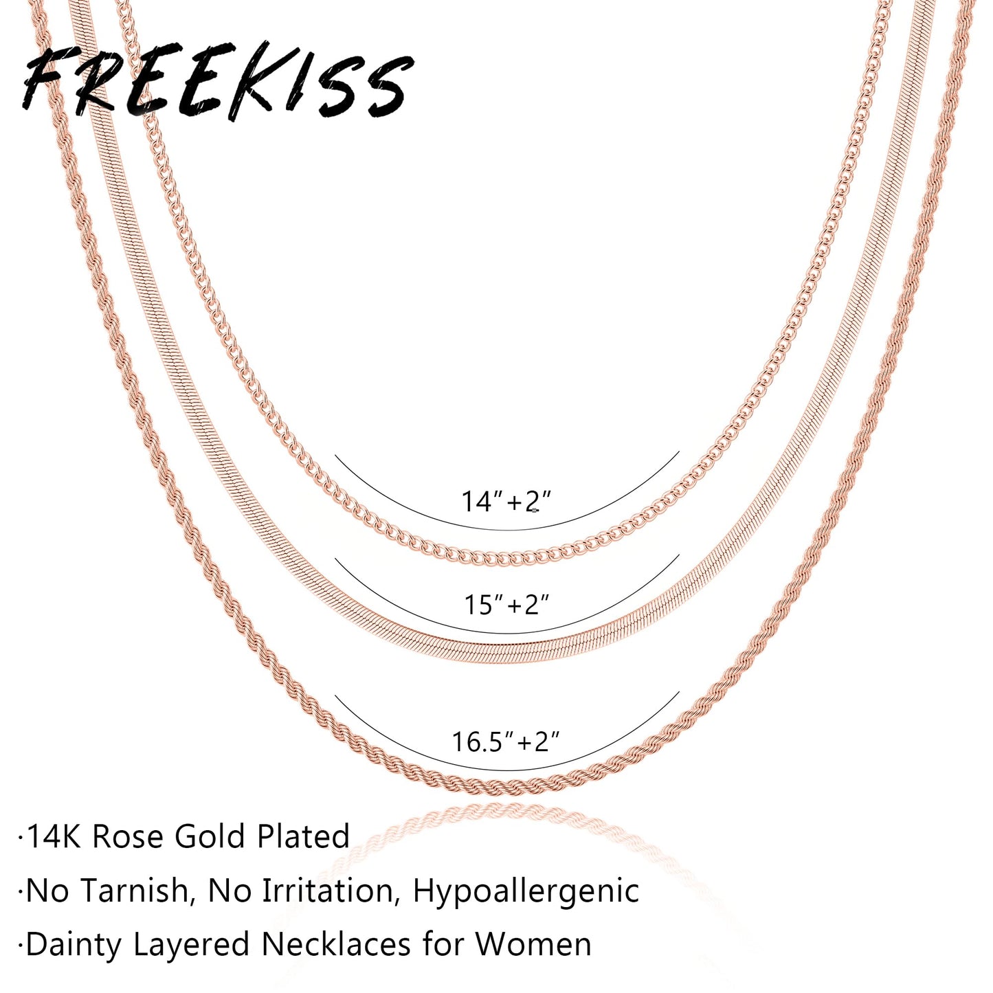 Freekiss Rose Gold Layered Necklaces for Women: Dainty Herringbone Rope Cuban Link Chain Necklace Set, 14K Rose Gold Plated, Non-Tarnish, Simple, Perfect for Layering, Gifts, and Daily Wear