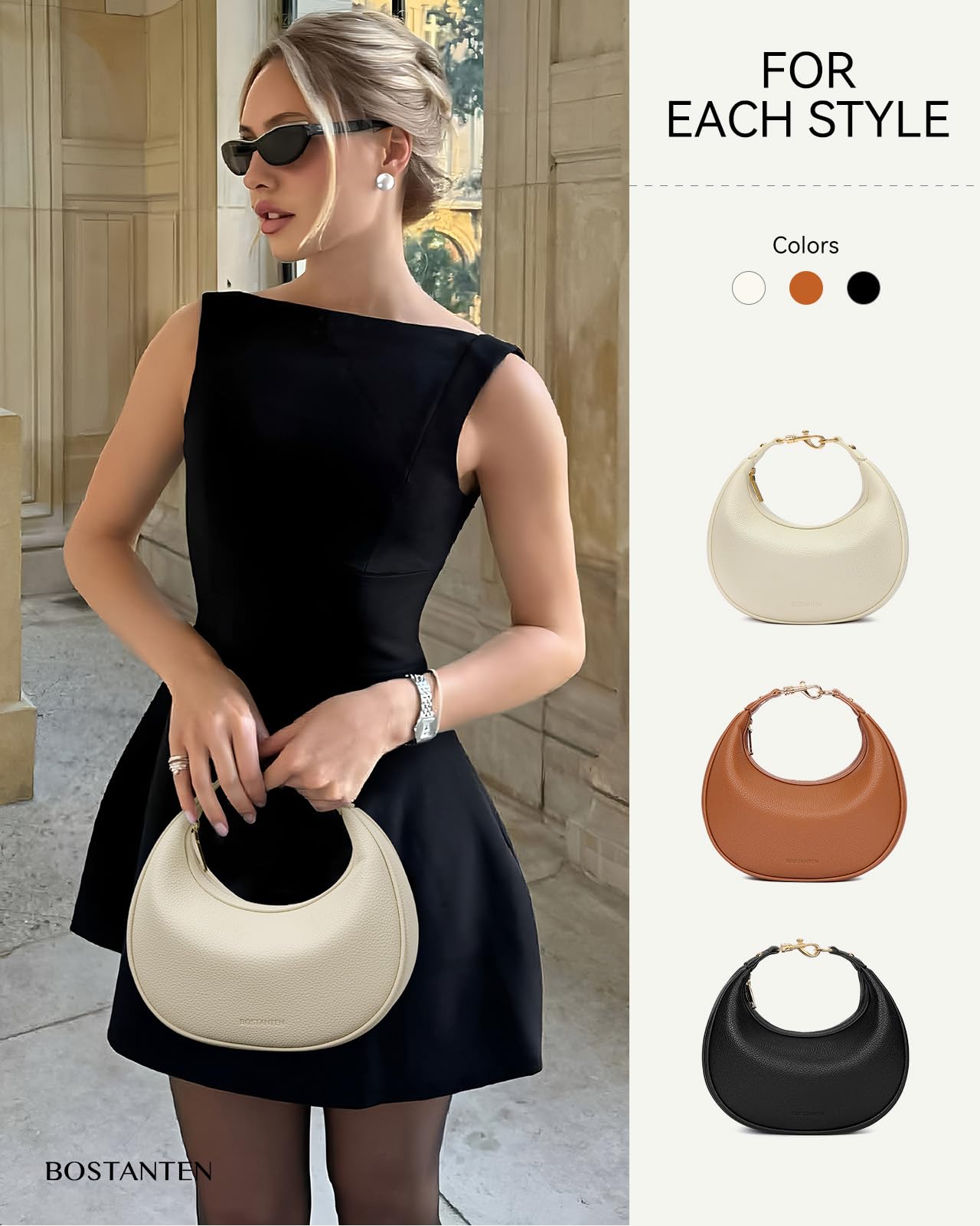 BOSTANTEN Crossbody Purse Small Crescent Shoulder Bags for Women Vegan Leather Clutch Handbag Removable Strap Beige