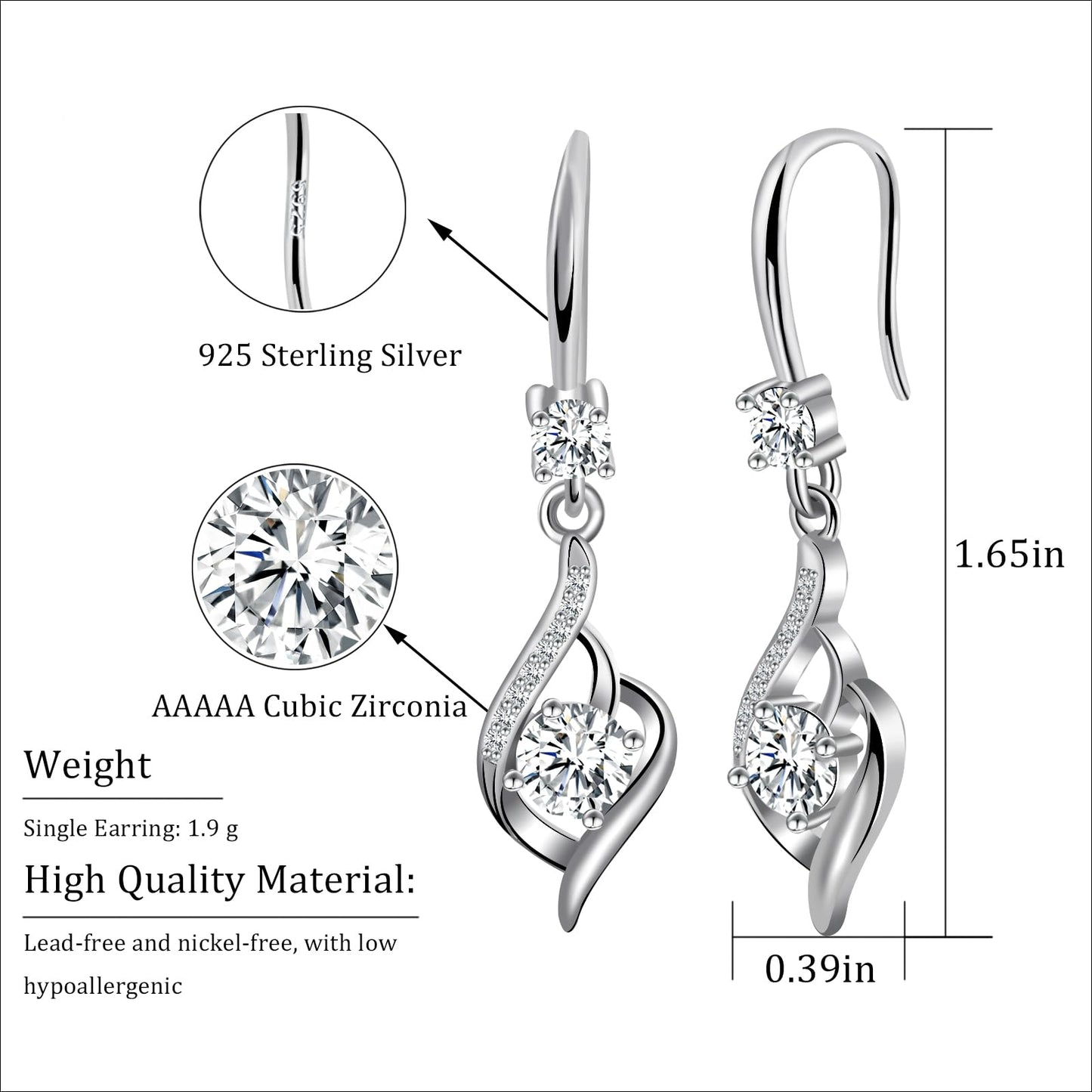 Heart Cubic Zirconia Drop Dangle Earrings-925 Sterling Silver with White Crystals-Long Birthstone Jewellery for Women