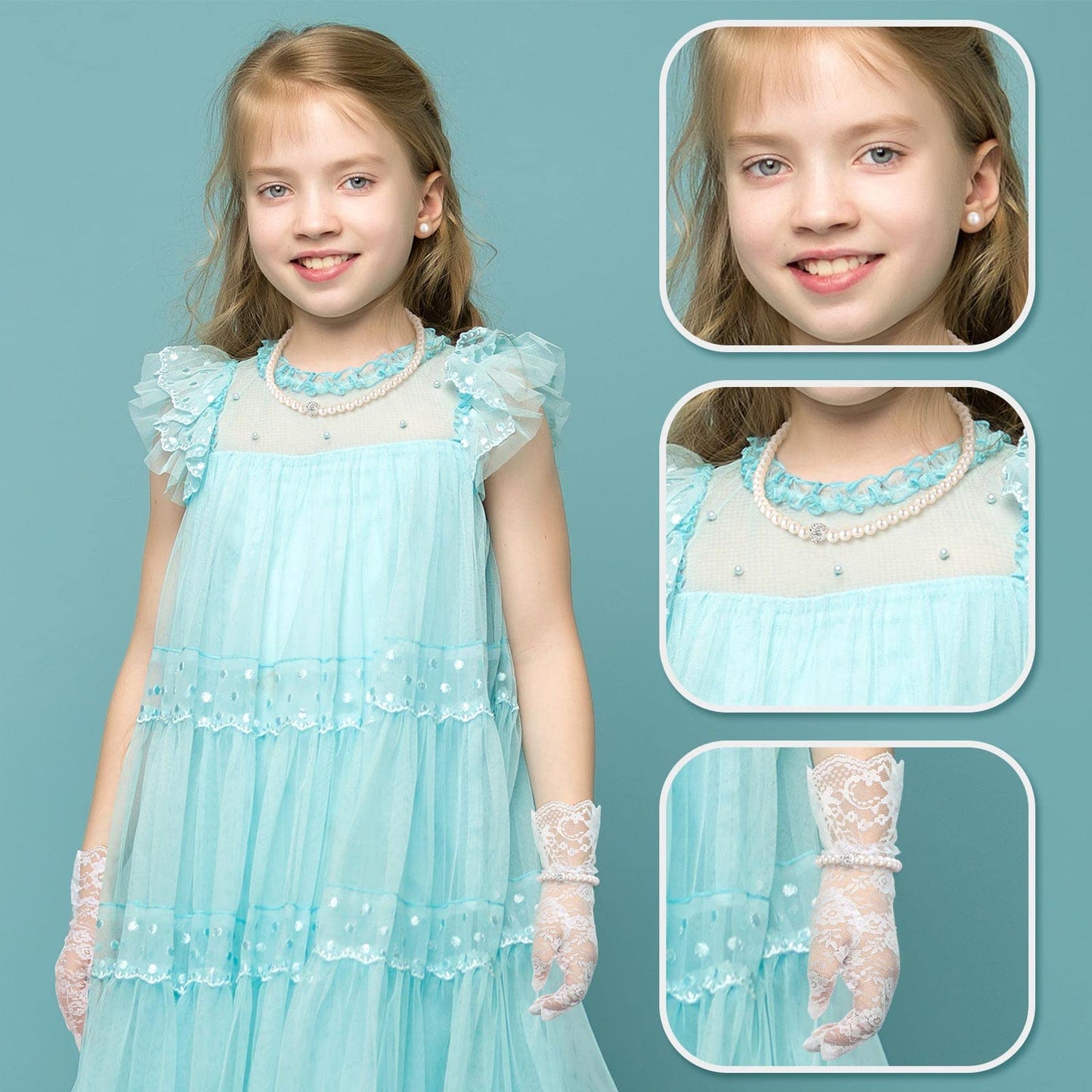 Geyoga 4 Pcs Pearl Necklace Set for Little Girls Toddler Girls Jewelry Communion Gloves for Kids Christmas Tea Party Wedding(Exquisite Style,8-12 Years)