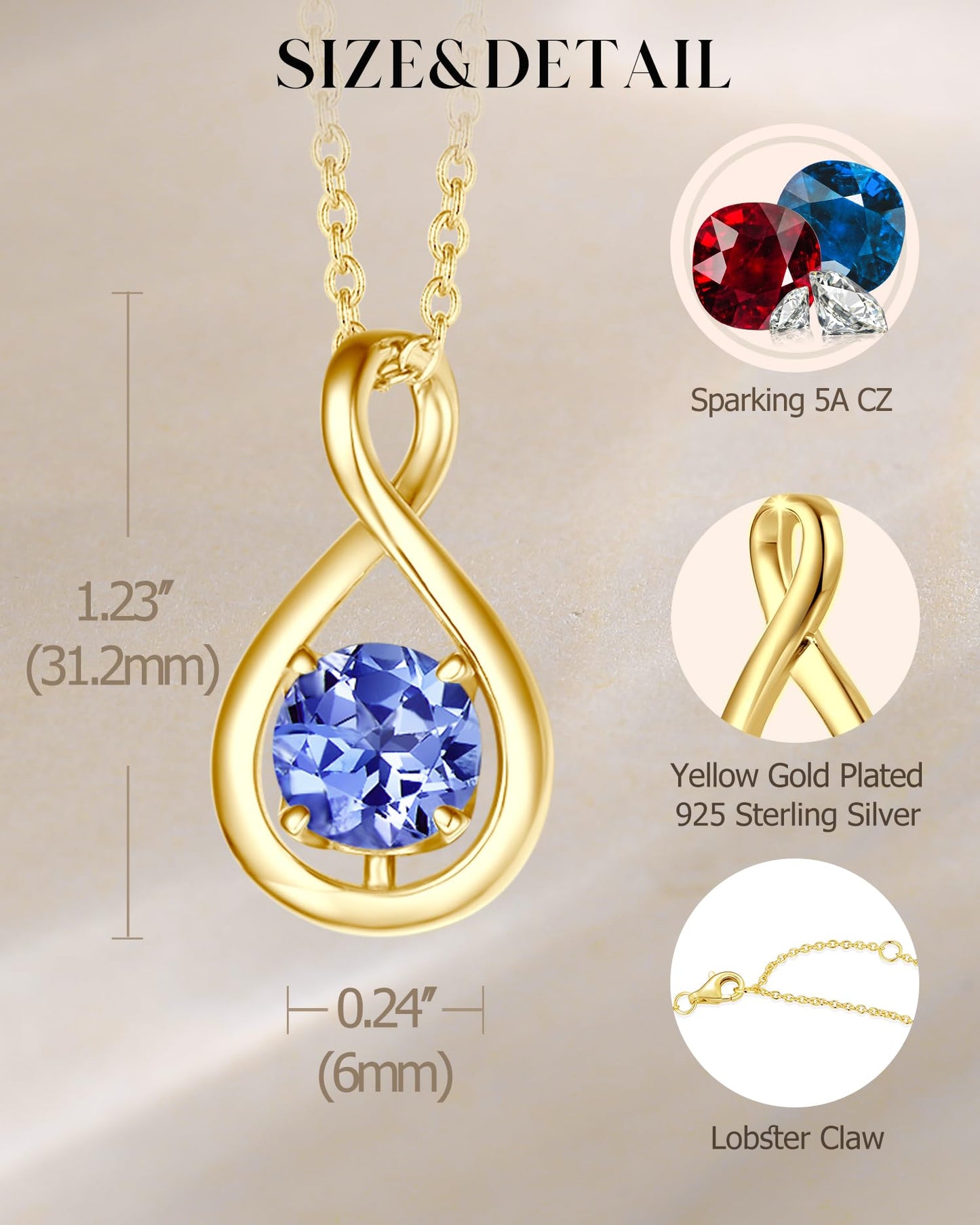 FANCIME Tanzanite Necklaces, Sterling Silver Yellow Gold Plated December Birthstone Necklace for Women Infinity Pendant Fine Jewelry Birthday Mothers Day Gifts for Mom Her