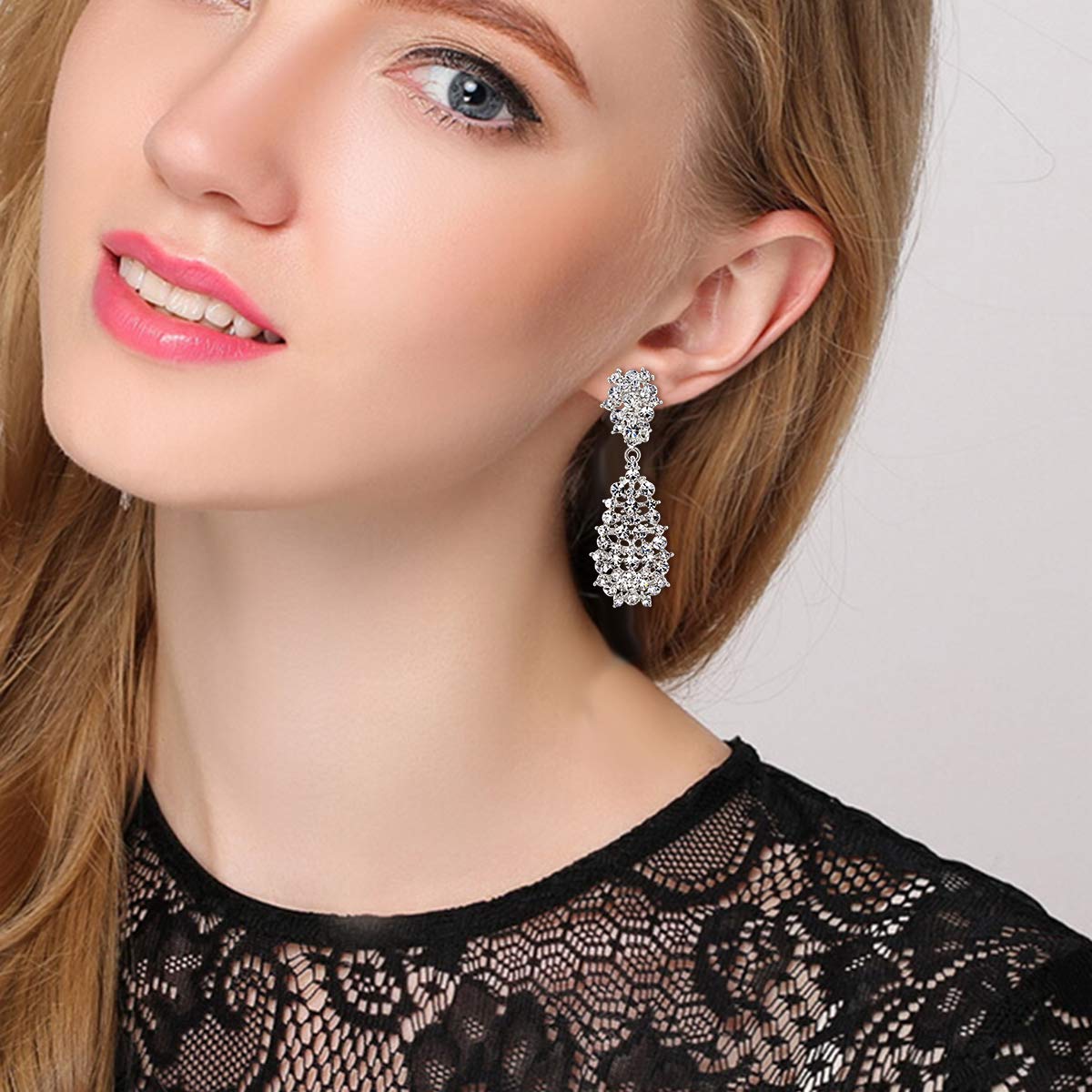 EVER FAITH Women's Jewelry Clear Crystal Floral Behimia Hollow Teardrop Dangle Clip-on Earrings Silver-Tone