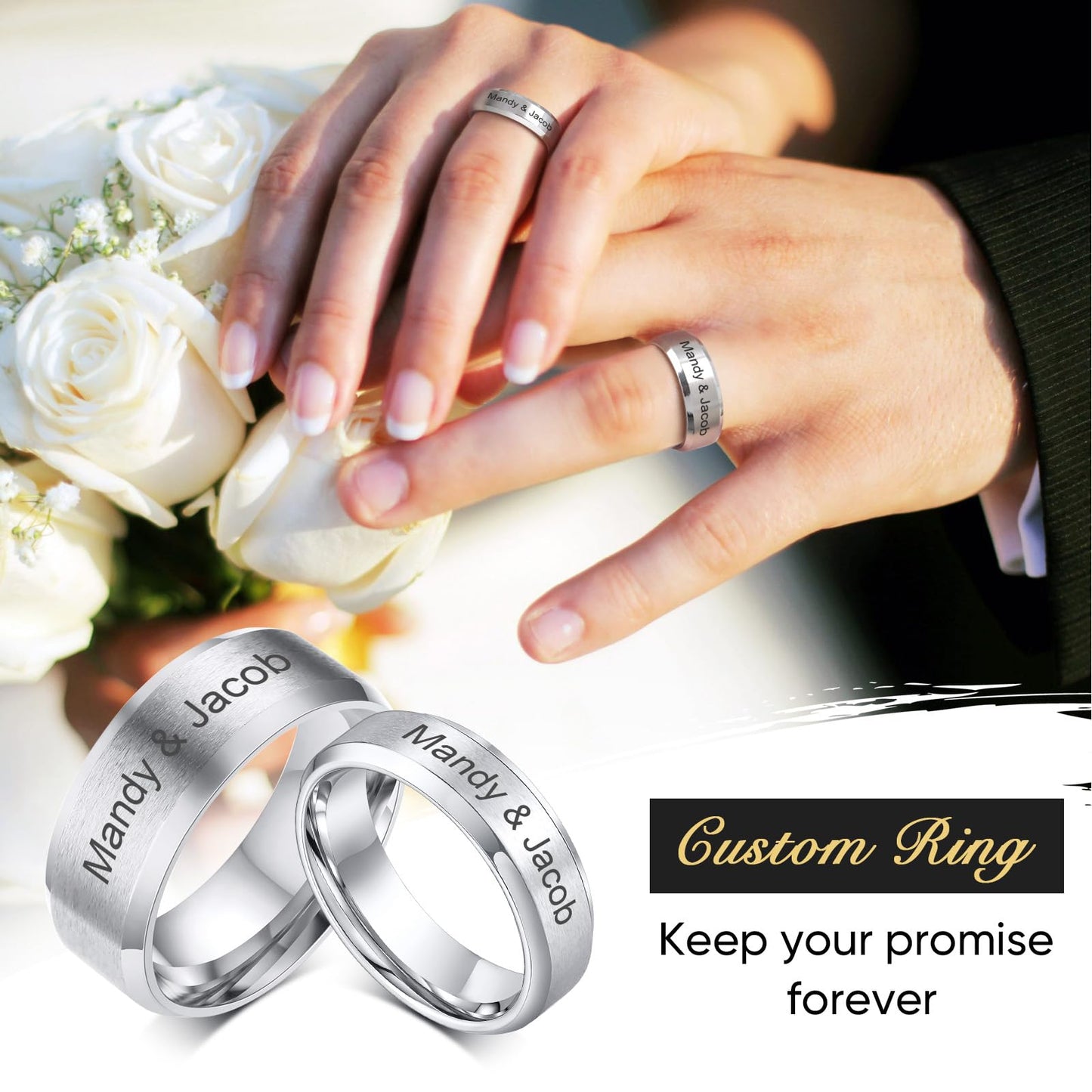 VNOX Customize Personalized Name Date 6MM Stainless Steel Simple Matte Brushed Finish Wedding Band Engagement Rings for Men Dad Husband,Size 13