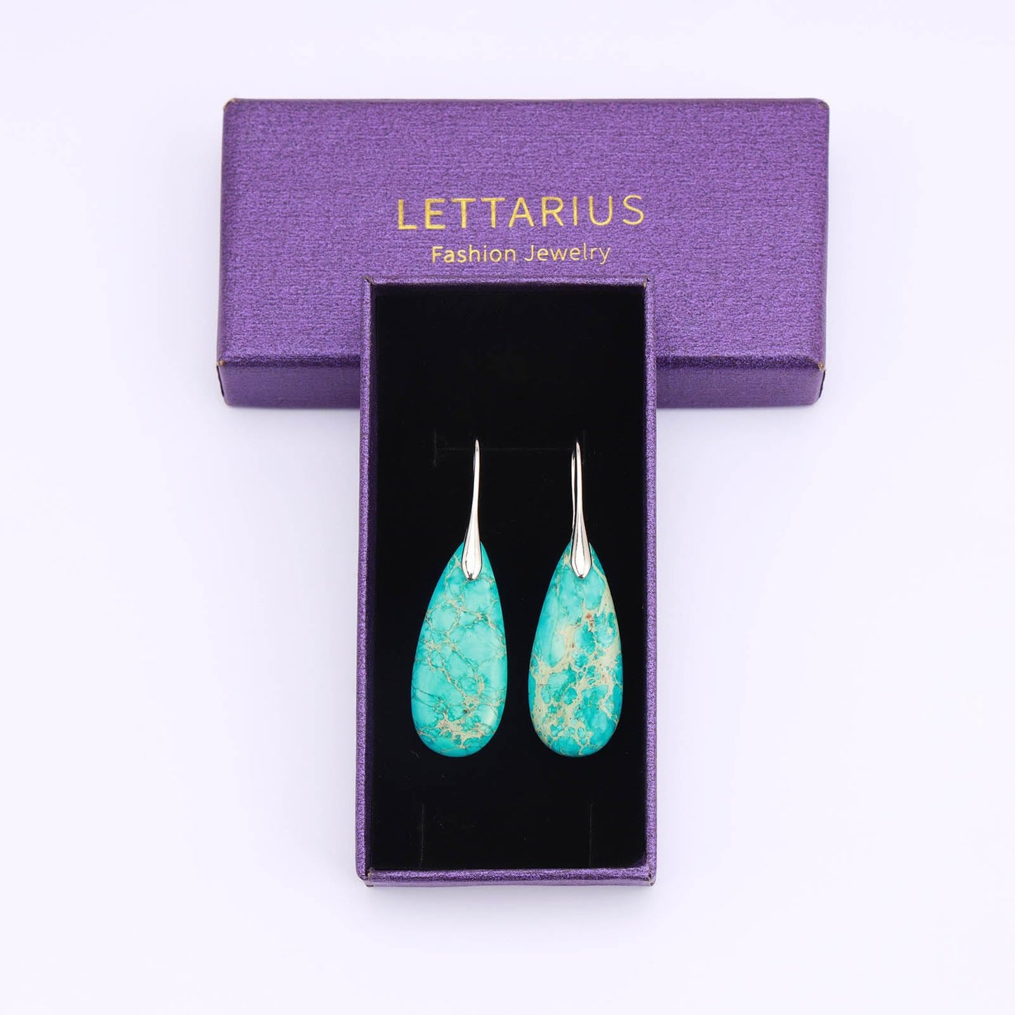 Lettarius Natural Crystal Healing Moon Stone Drop Earrings for Women Sea Sediment Rock Teardrop Birthstone Sapphire Turquoise Quartz Dangle Silver Plated Jewelry