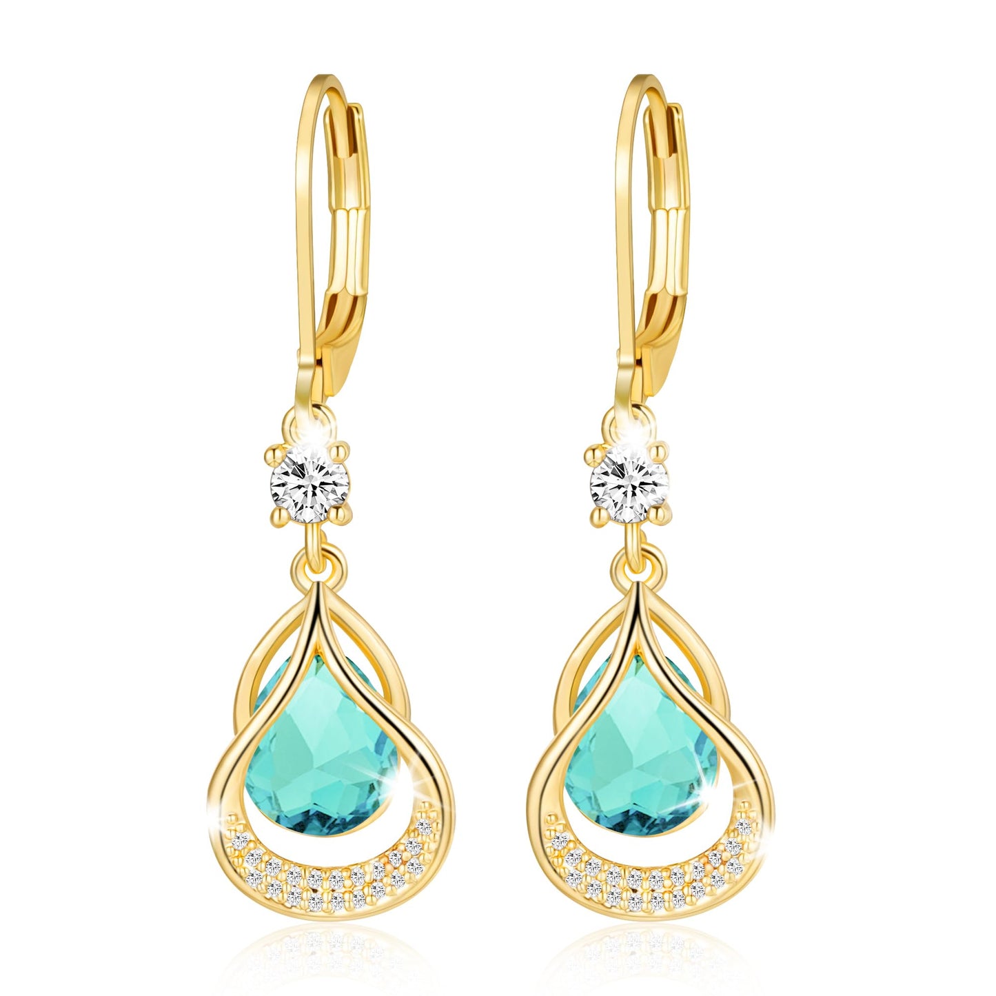 Dangle Trendy Leverback Birthstone Earrings 14K Gold Plated Teardrop Dangle Earrings Jewelry Christmas Birthday Gifts for Women(Gold March)