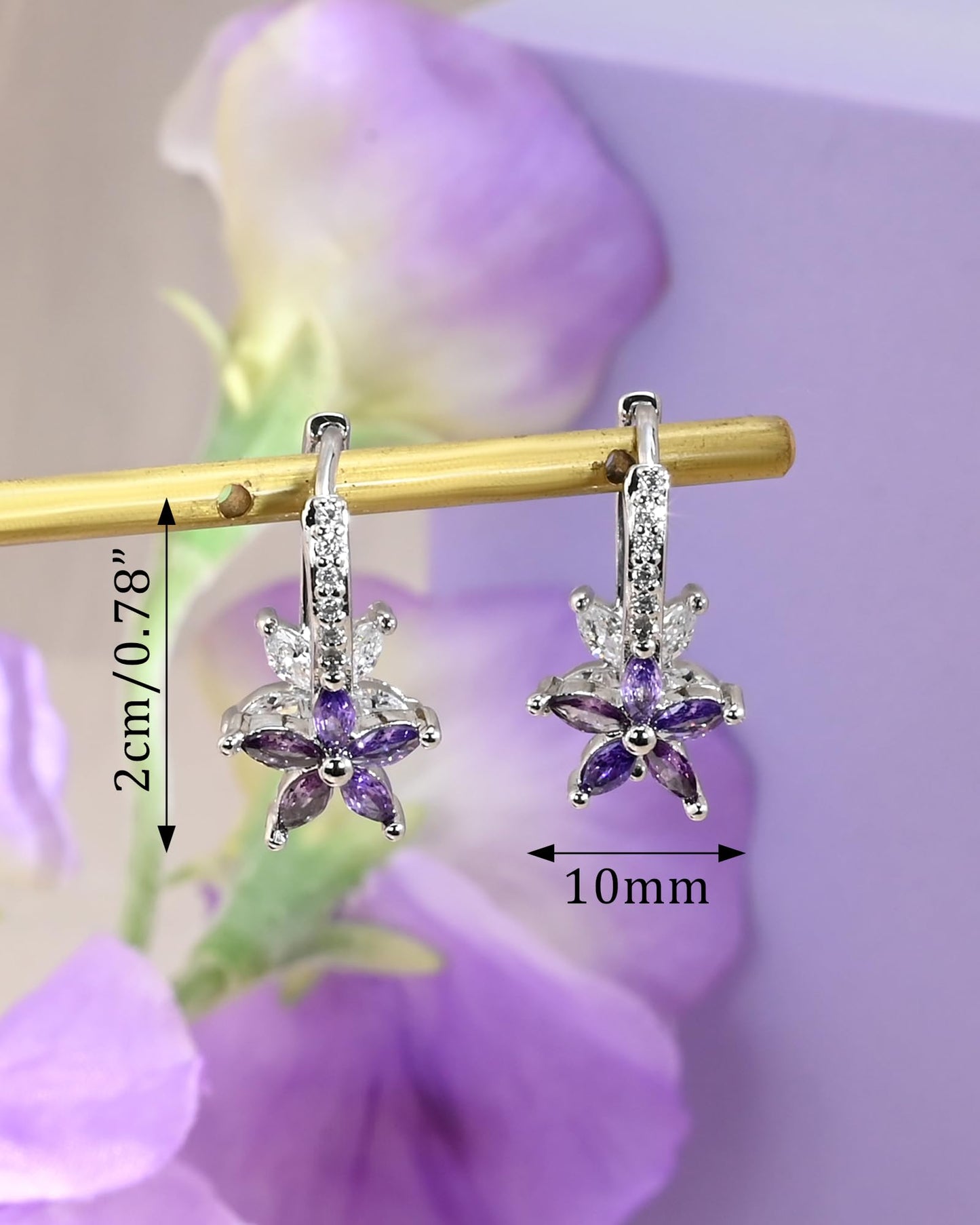 Watforsh 925 Sterling Silver Flower Earrings for Women Leverback Earrings with Purple Crystal Double Floral Hoops for February Amethyst Birthstone Jewelry