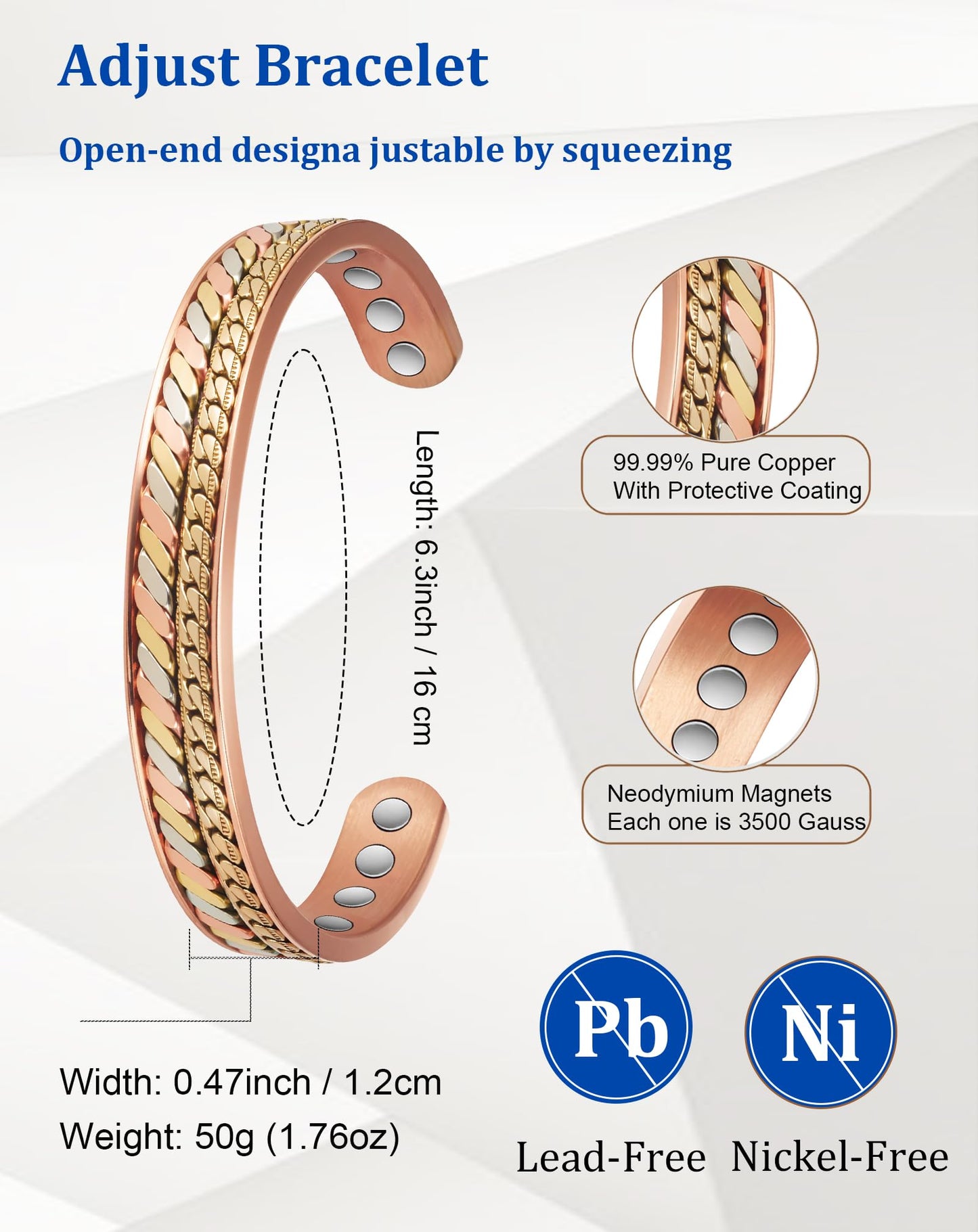 MagSølv Copper Magnetic Bracelets, 99% Pure Copper Bracelet for Men & Women with 3500 Gauss, Tricolor Gold Adjustable Jewelry