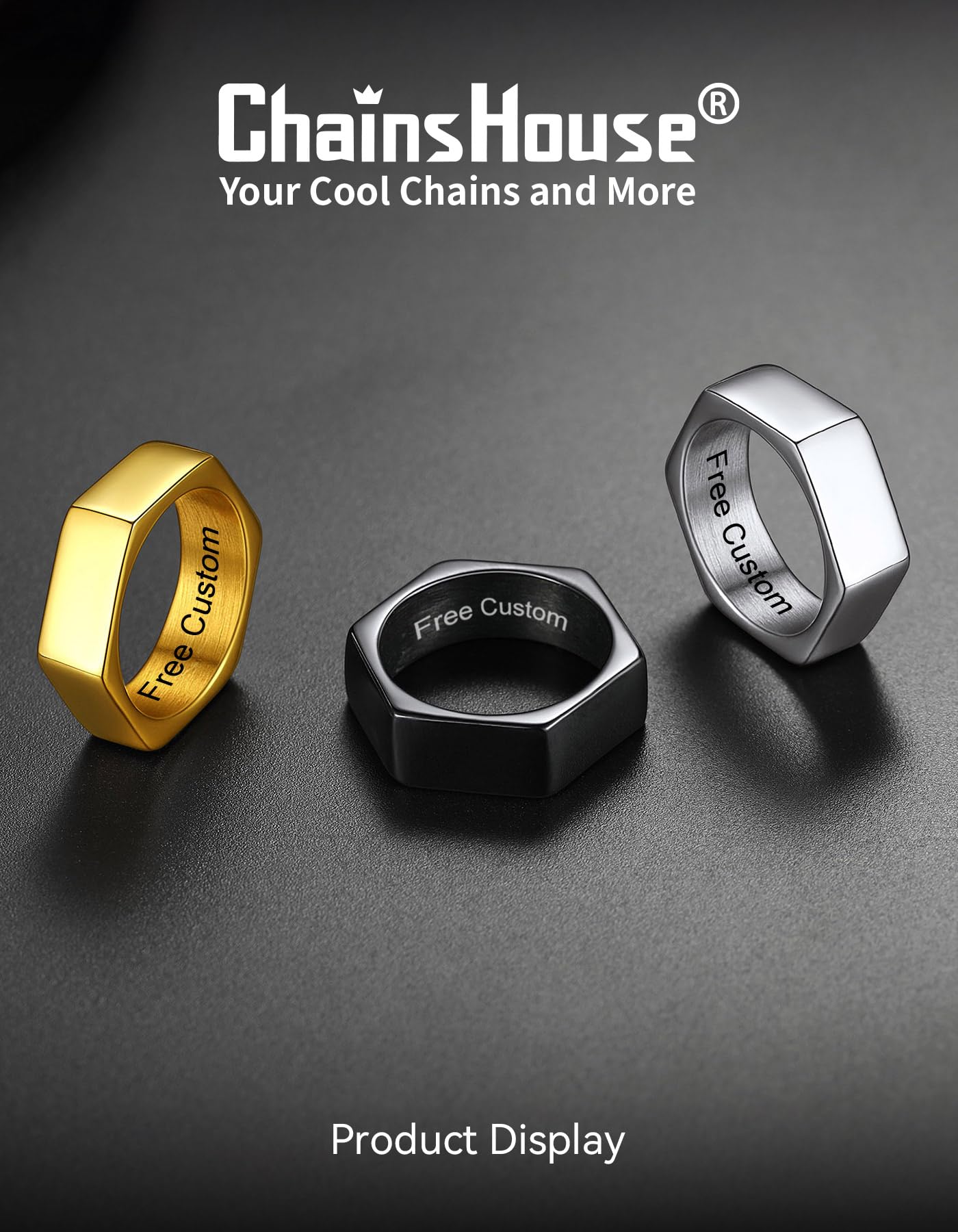 ChainsHouse Hexagon Ring Stainless Steel Geometric Biker Bands Custom Engraved Punk Jewelry for Men Women, Size 13