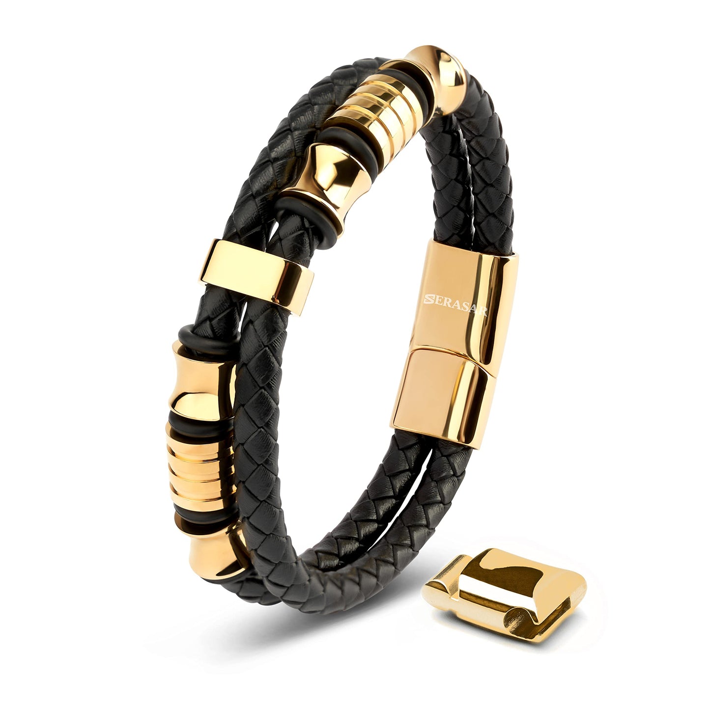 SERASAR Mens Bracelets 20cm Gold Gift Box Genuine Leather Cowhide Braided Adjust Able Magnetic Clasp MultiLayer Wrap Jewellery Man Mans Male Band Jewelry Accessories