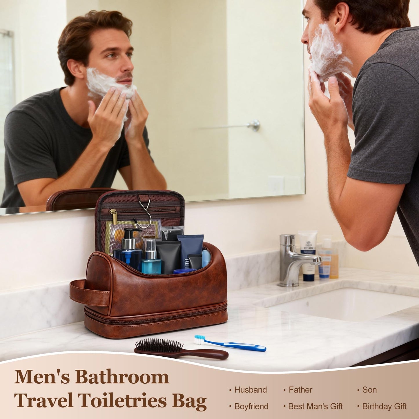 Ecttunafe Personalized Gifts Travel Toiletry Bag for Men, Engraved Monogrammed Initial PU Leather Waterproof Shaving Bag with Hook, Best Birthday Gifts Choice for Men Dad Husband Groomsmen Adults,M