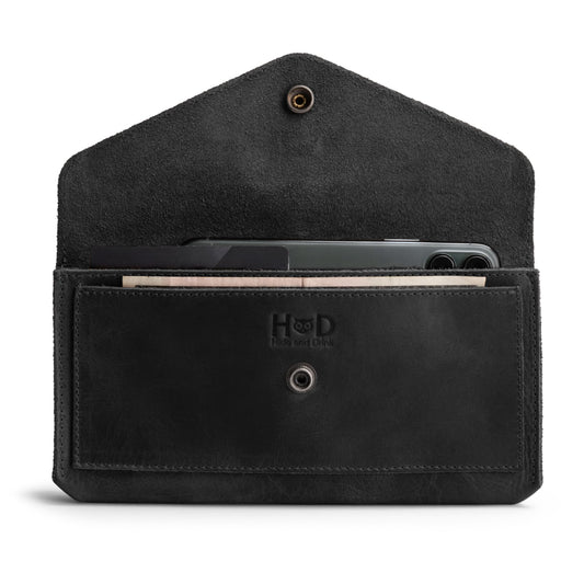 Hide & Drink, Full Grain Leather Large Female Wallet, Travel Organizer for Women, Vintage Money and Card Holder, Handmade, Charcoal Black
