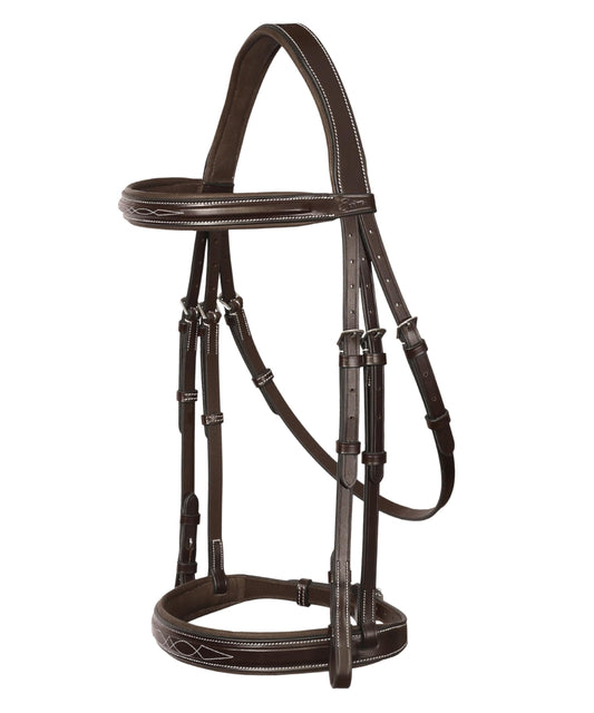 Exion Hunter Anatomic English Bridle – Padded Fancy Stitched Leather Bridle with Rubber Reins – Ergonomic Poll Relief Crownpiece for Jumping & Eventing – Stainless Steel – Havana Brown