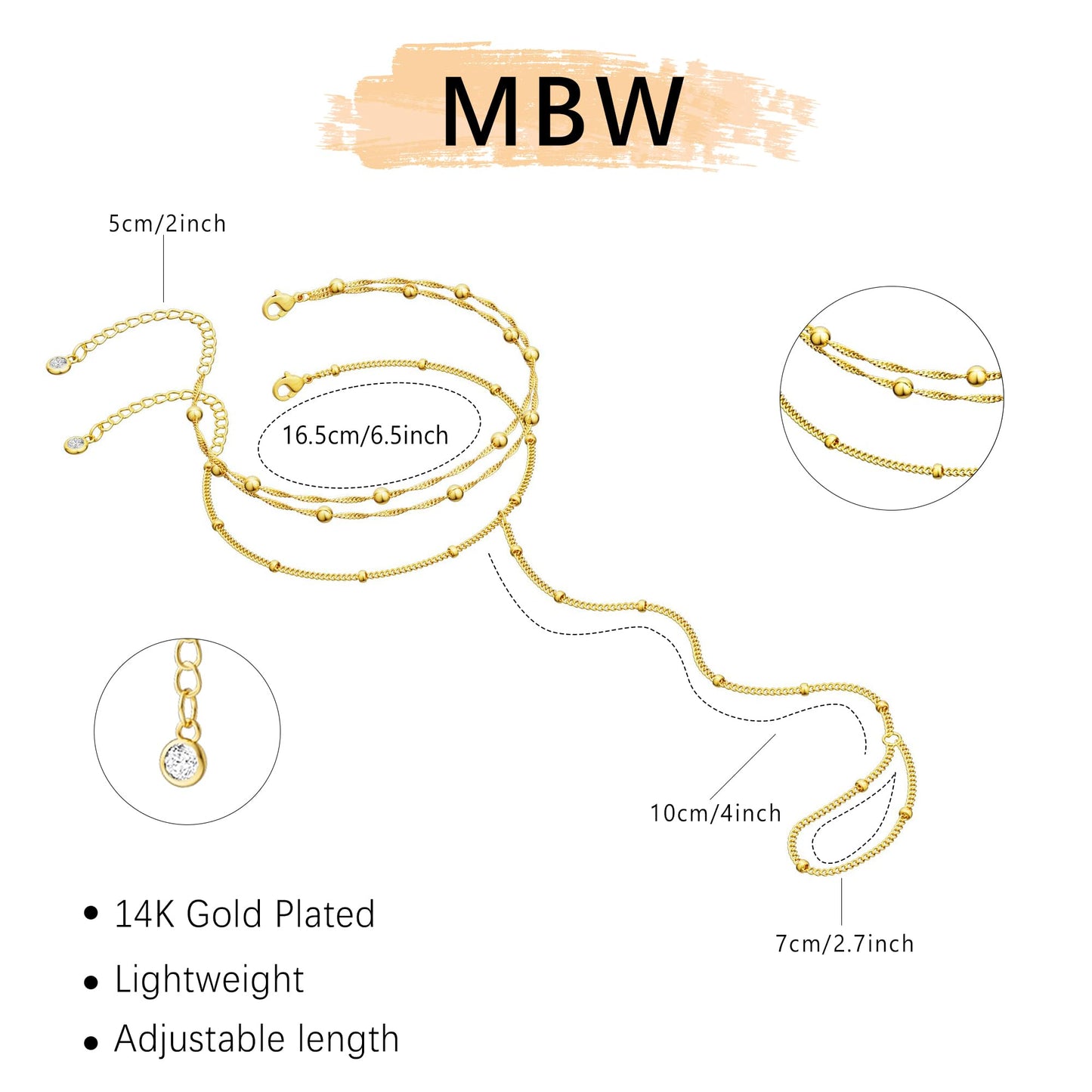 2PCS Gold Hand Chain Finger Bracelet for Women, 14K Gold Plated Satellite Bead Slave Bracelet, Waterproof Boho Hand Harness Jewelry for Summer Beach & Party, Tarnish Resistant, Adjustable Gift for Her