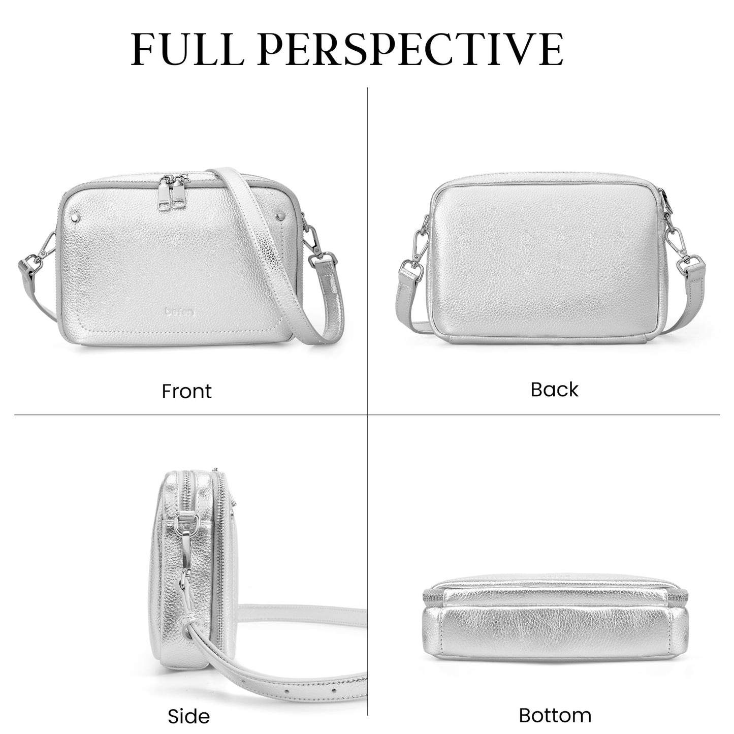 befen Genuine Leather Crossbody Bags for Women, Purses with Built in RFID Wallet Woman Camera Shoulder Bag Handbags (Siver)