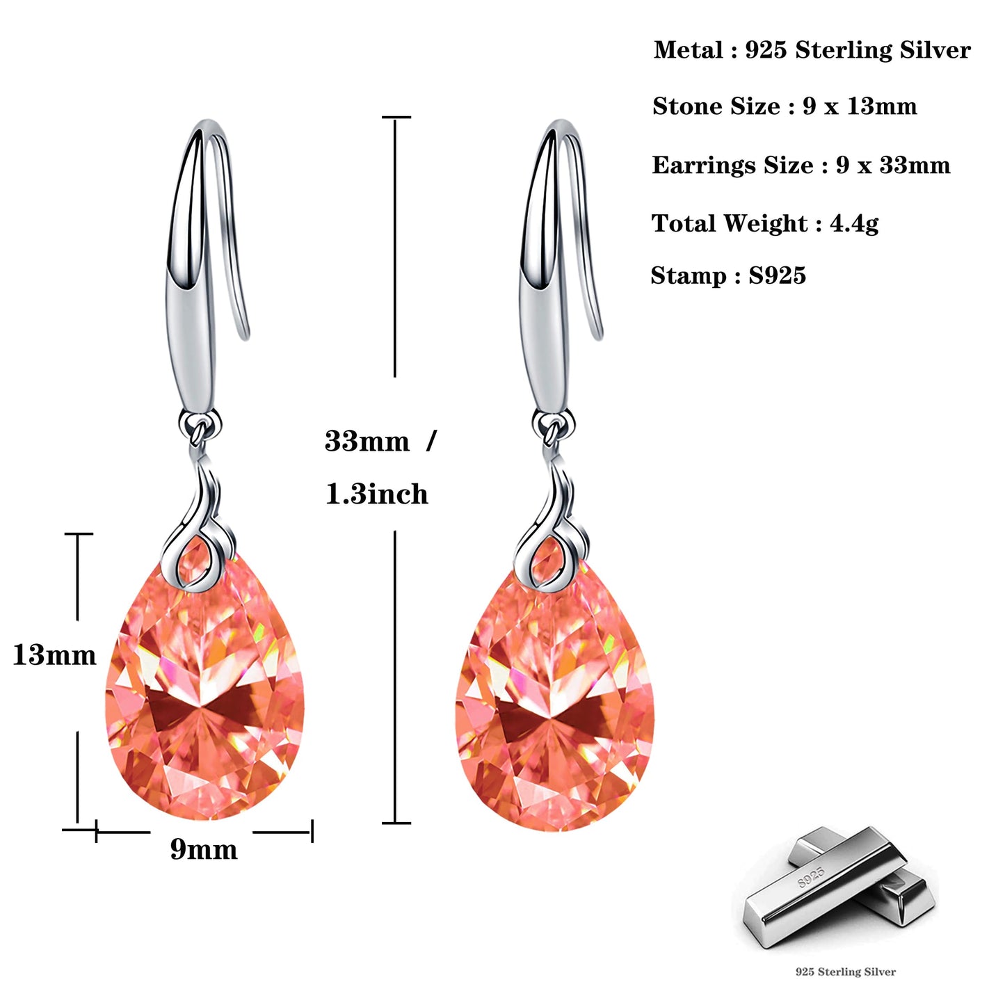 Silver Dangle Earring 14k White Gold Plated 925 Sterling Silver 12mm Pear Shape Naked Drill Crystal Drop Earrings For Women (Pear Shape-Champagne)