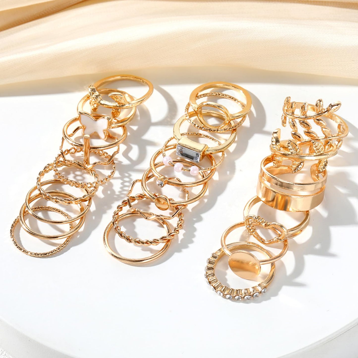 IFKM 24 Pcs Gold Knuckle Rings Set For Women Vintage Stackable Joint Finger Midi Rings Dainty Cubic Zirconia Crystal Simple Twist Hollow Cute Rings Pack Jewelry Gift (Love of Leaves, Gold)