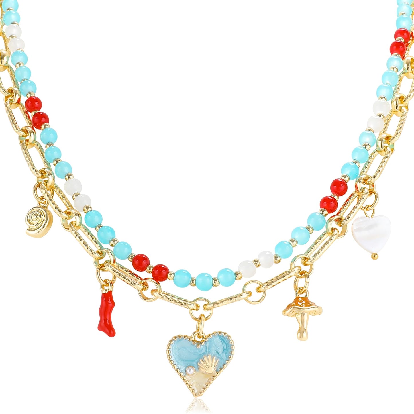 NEKOL Layered Gold Heart Necklaces for Women Western Summer Beach Ocean Vacation Gold Chain Jewelry Accessories Gifts Boho Sea Shell Conch Coral Mushroom Choker Cute Pendant Beaded Necklace Stack