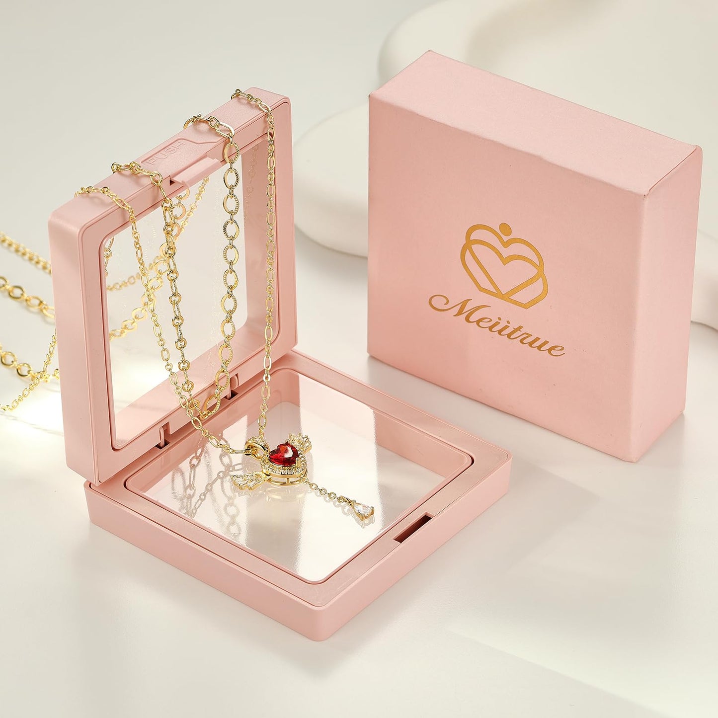 MEIITRUE Heart Necklace for Women Trendy,14k Gold Plated Dainty Layered Necklaces Set Cubic Zirconia Love Drop Pendant with Movable Wings Personalized Choker Chain Jewelry Gift Red