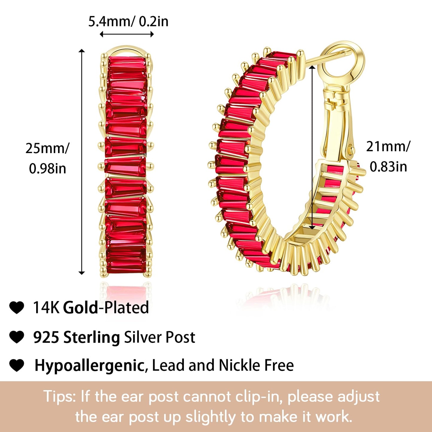 GLOQUAT Ruby Red Crystal Hoop Earrings 14K Gold Plated Red Earrings for Women 925 Sterling Silver Post Vintage Baguette Cubic Zirconia Round Circle Hoops for Women Trendy Rhinestone Jewelry 25mm
