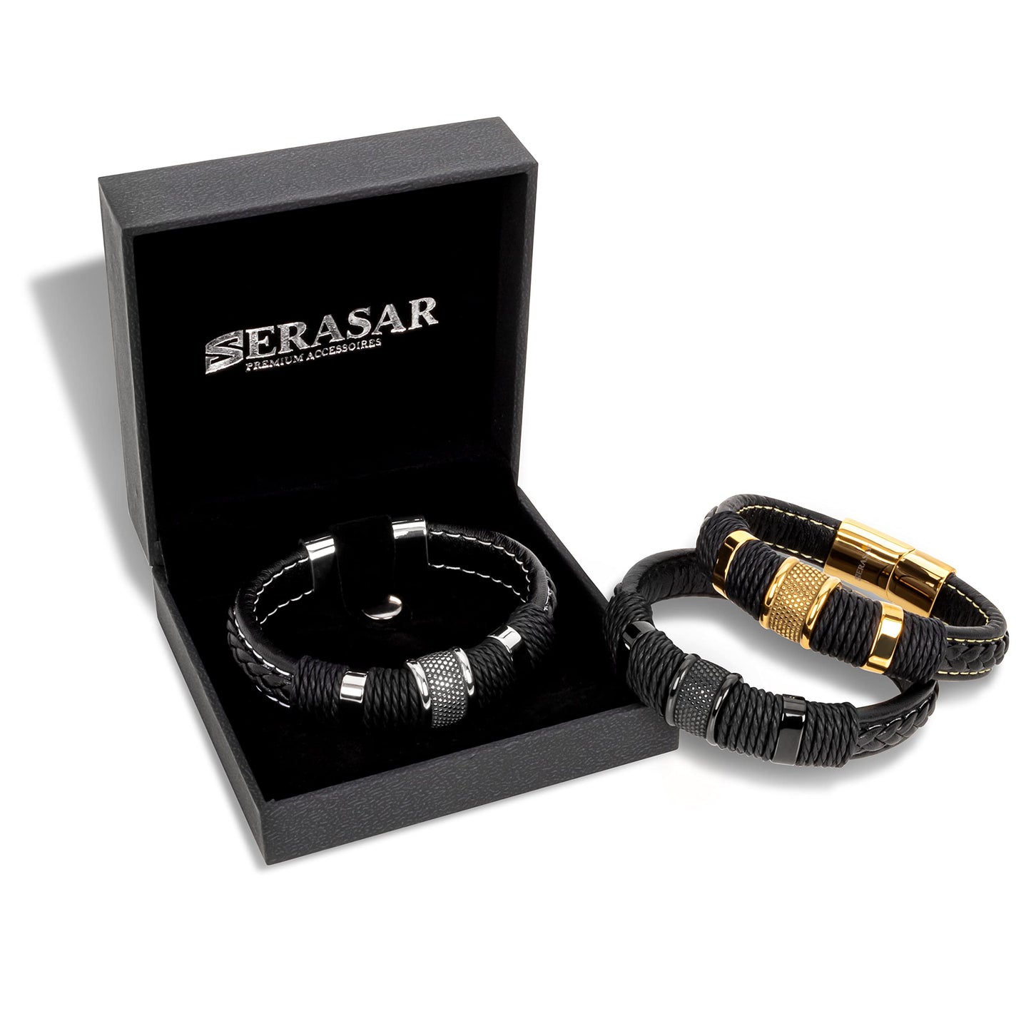 SERASAR Black Bracelet Leather Men 17cm Gift Box Genuine Cowhide Braided Adjust Able Magnetic Clasp Multi Layer Wrap Rope Man Mans Male Mens Bracelets Band Jewelry Magnet Accessories