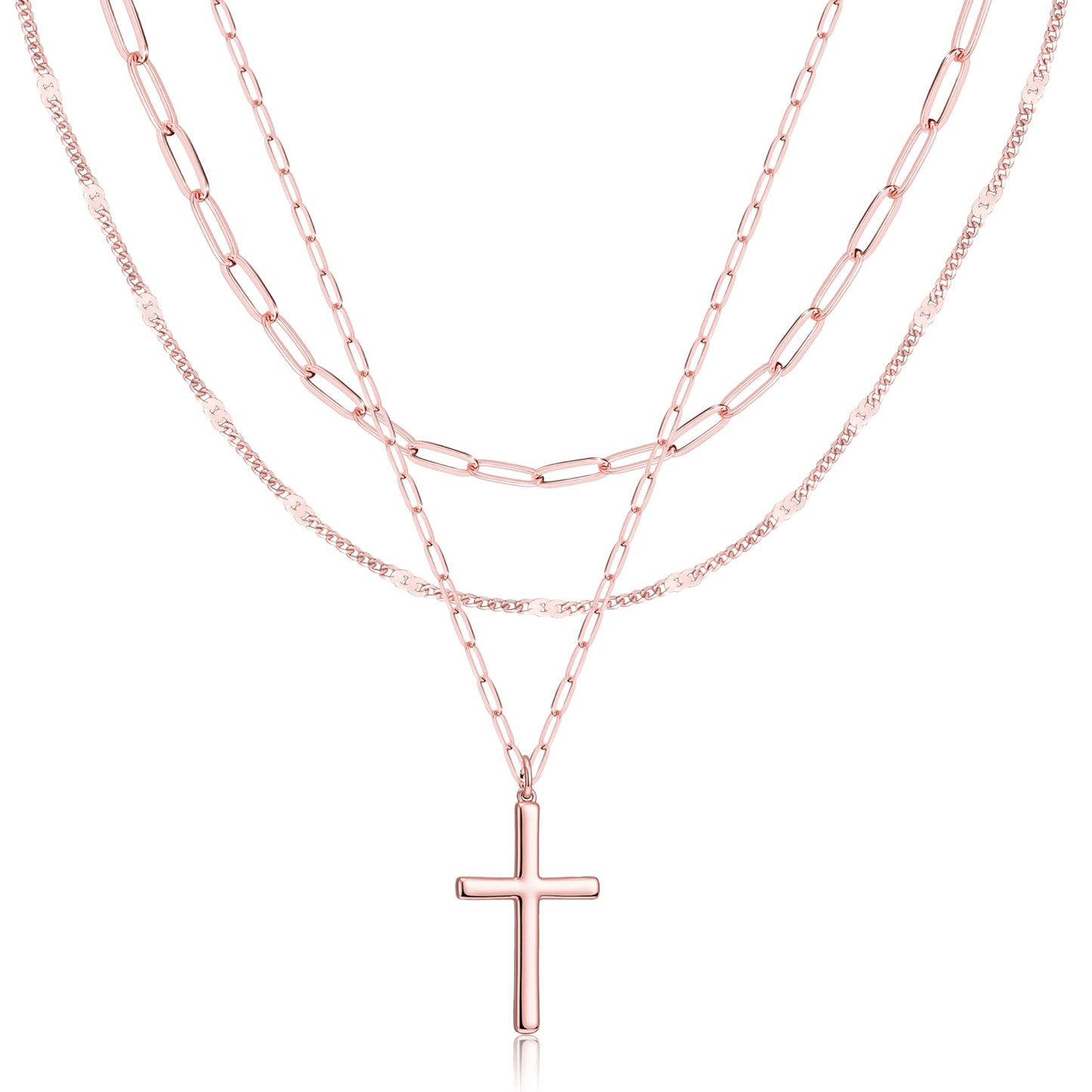 Rose Gold Layered Cross Necklaces for Women,Rose Gold Plated Dainty Stackable Choker Necklaces for Women,Trendy Layering Thin Cross Pendant Paperclip Chain Jewelry Set Gifts