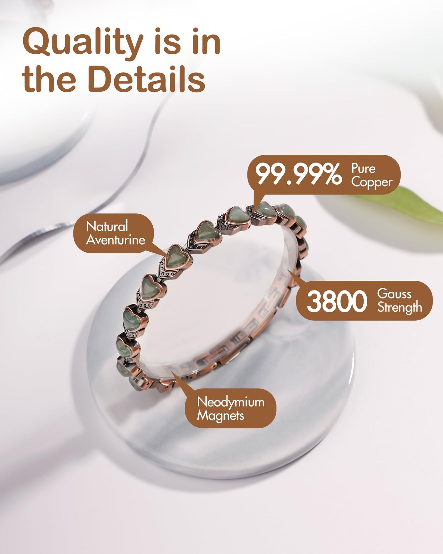 Feraco Pure Copper Bracelets for Women, Ultra Strength Magnetic Bracelet with 3800 Gauss Magnets & Natural Aventurine, Adjustable Jewelry