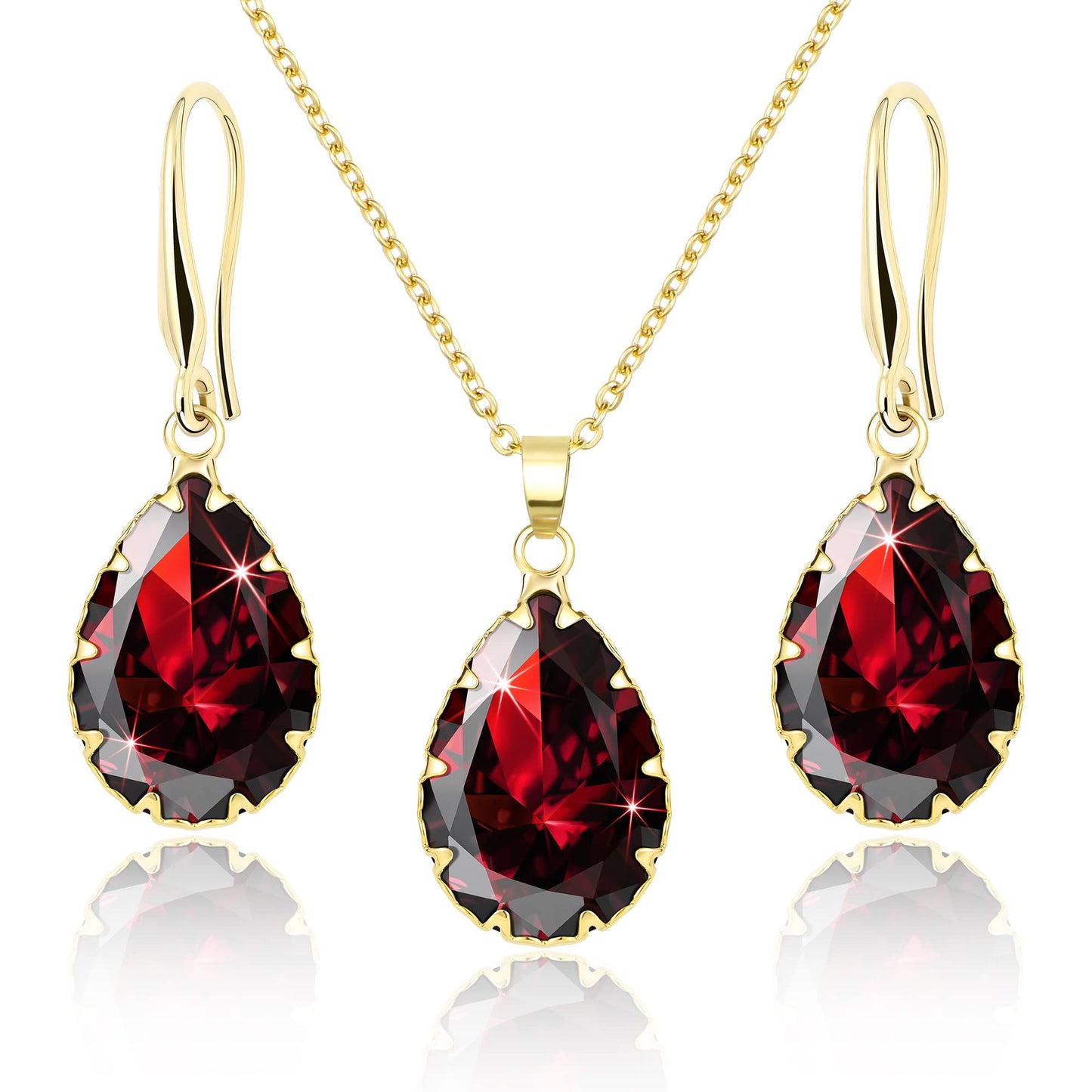 Linawe Ruby Crystal Jewelry Sets, Gold Earring Necklace Set Women Trendy, Imitation Diamond Pendant Rhinestone Drop Dangle Boho Wedding Jewelry, Rhinestone Cubic Zirconia Teardrop