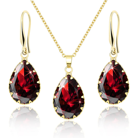 Linawe Ruby Crystal Jewelry Sets, Gold Earring Necklace Set Women Trendy, Imitation Diamond Pendant Rhinestone Drop Dangle Boho Wedding Jewelry, Rhinestone Cubic Zirconia Teardrop