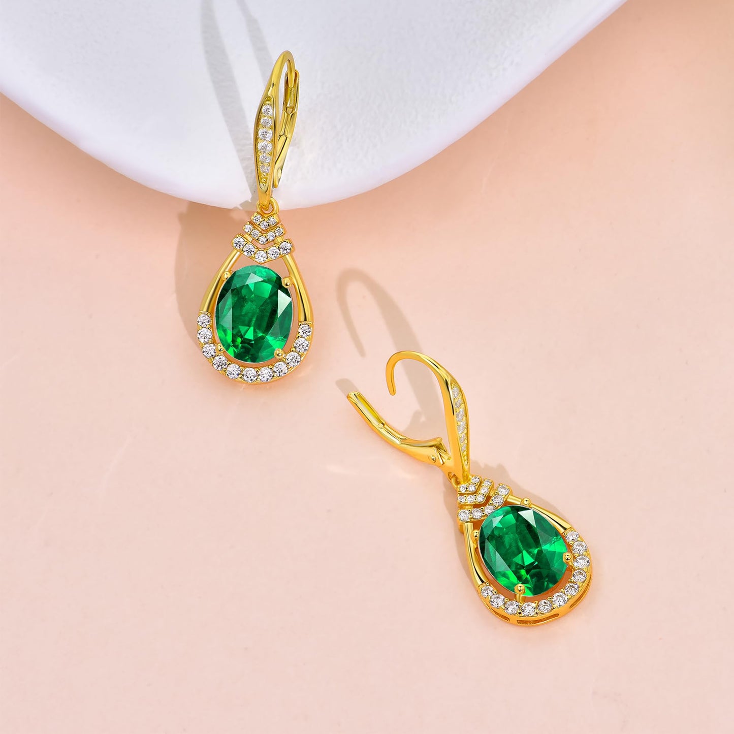 Green Emerald Dangle Earrings 18K G Plated Sterling Silver May Birthstone Teardrop Leverback Drop Earring for Women Lady | Wedding Jewelry Gifts for the Bride | Hypoallergenic Oval Cut CZ Earrings