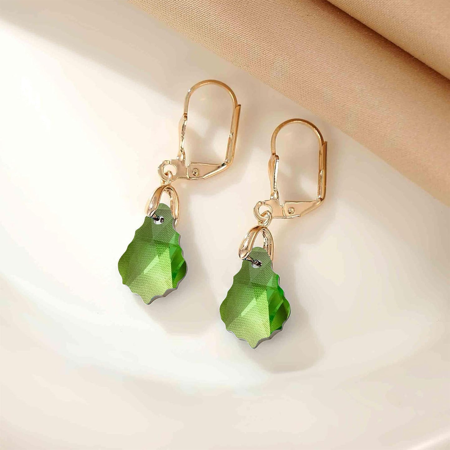 Austrian Crystal Baroque Drop Leverback Earrings for Women Fashion 14K Gold Plated Hypoallergenic Jewelry (Green)