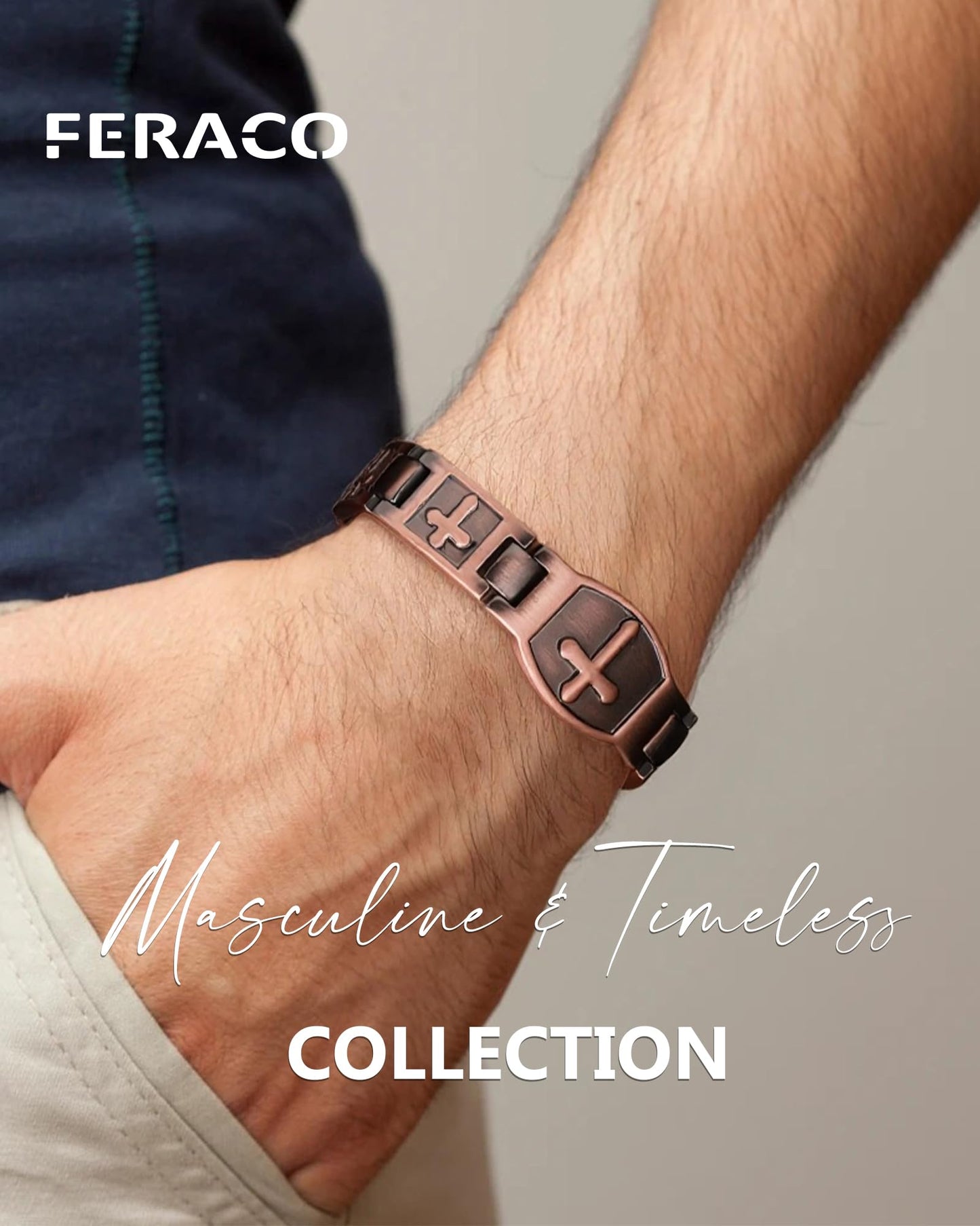 Feraco Copper Cross Bracelet for Men,Magnetic Therapy Cooper Christian Bracelets with 46 Magnets, Men's Jewelry for Anniversary Father's Day