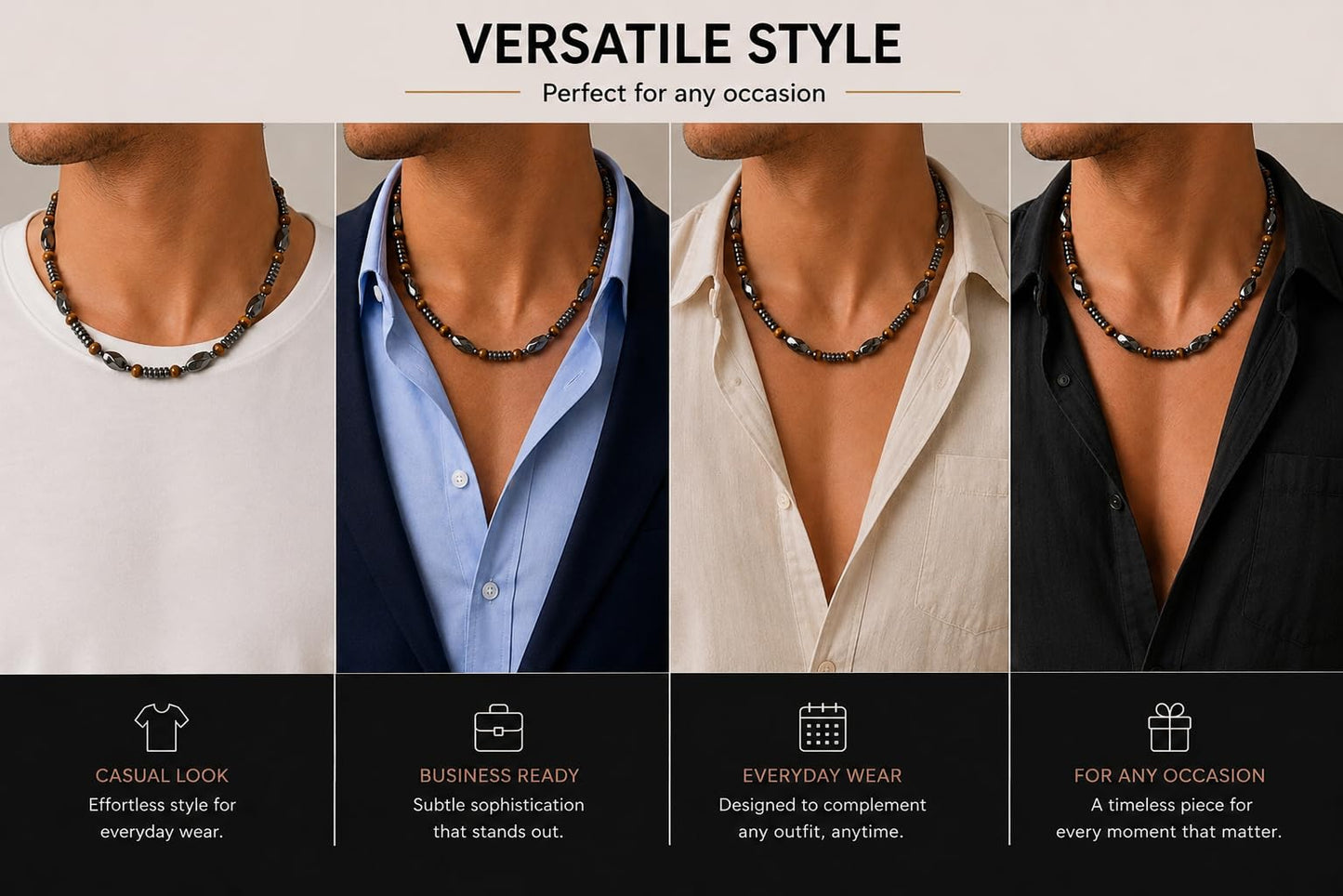 Accents Kingdom Men's Tiger Eye & Hematite Necklace - Natural Stone Beaded Necklace with Magnetic Clasp, Modern Masculine Jewelry for Casual, Business & Golf Wear, 24"
