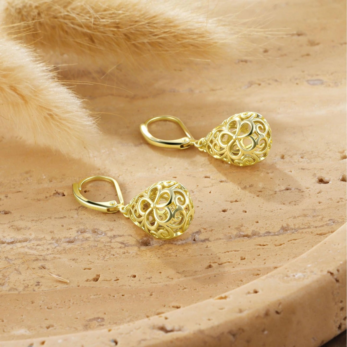 14K Gold Teardrop Dangle Earrings for Women Hypoallergenic Filigree Leverback Drop Earrings Jewelry Gifts