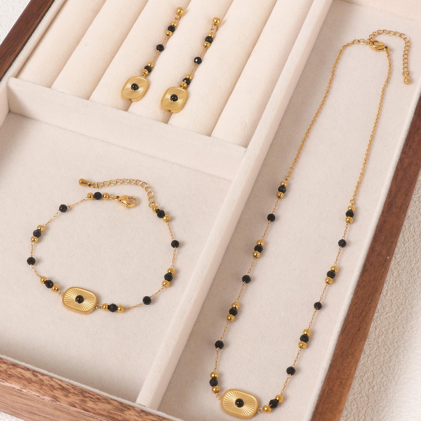 TaYolnFaSo Natural Black Agate Jewelry Set for Women 18K Gold Plated Sun Disk Black Agate Necklace Earrings Bracelet Set Gift for Girlfriend